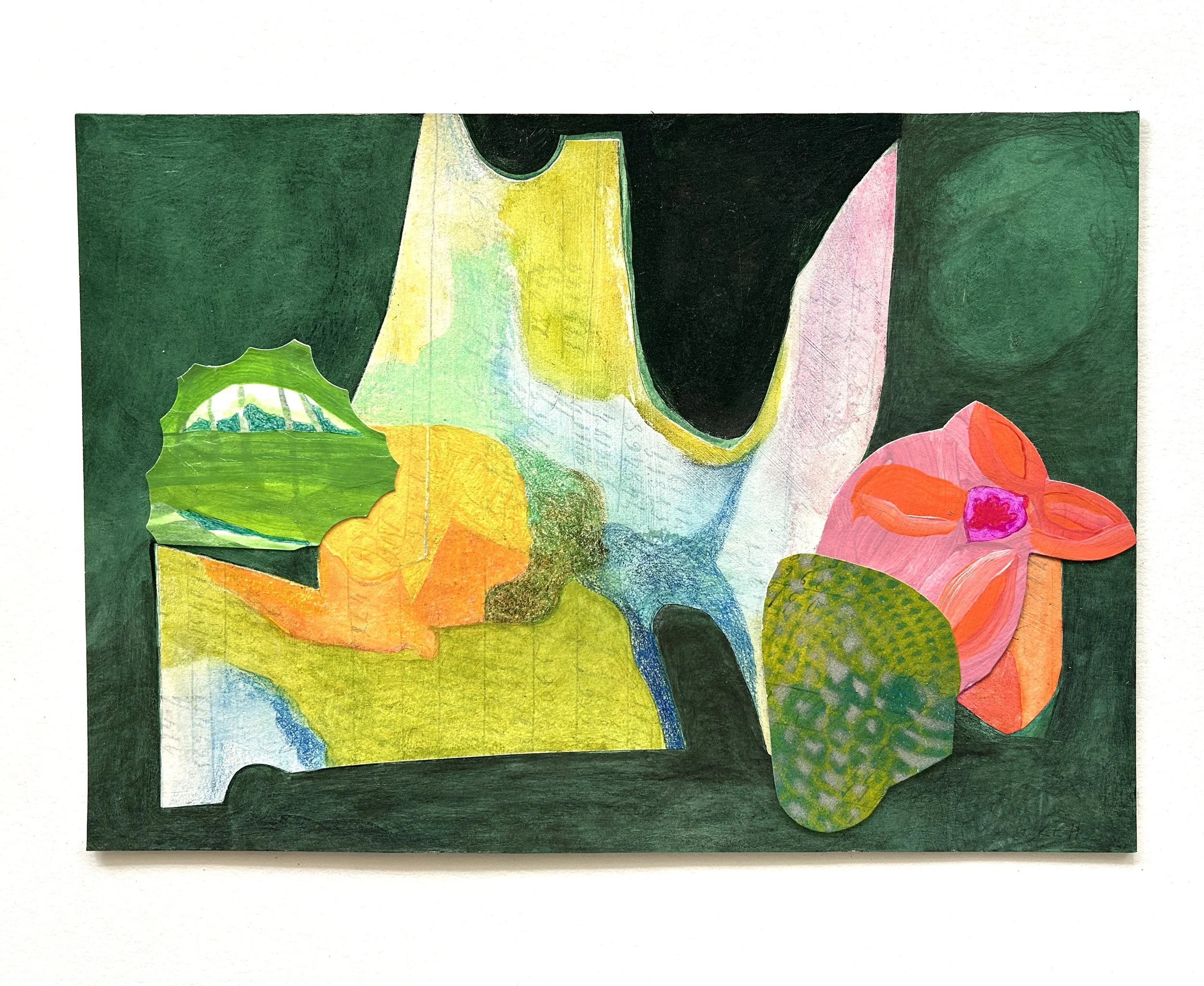 Hectare, 2024-25, acrylic, spray paint, color pencil, graphite, paper on 4ply mat board, 7 1/2x 10 1/2 in