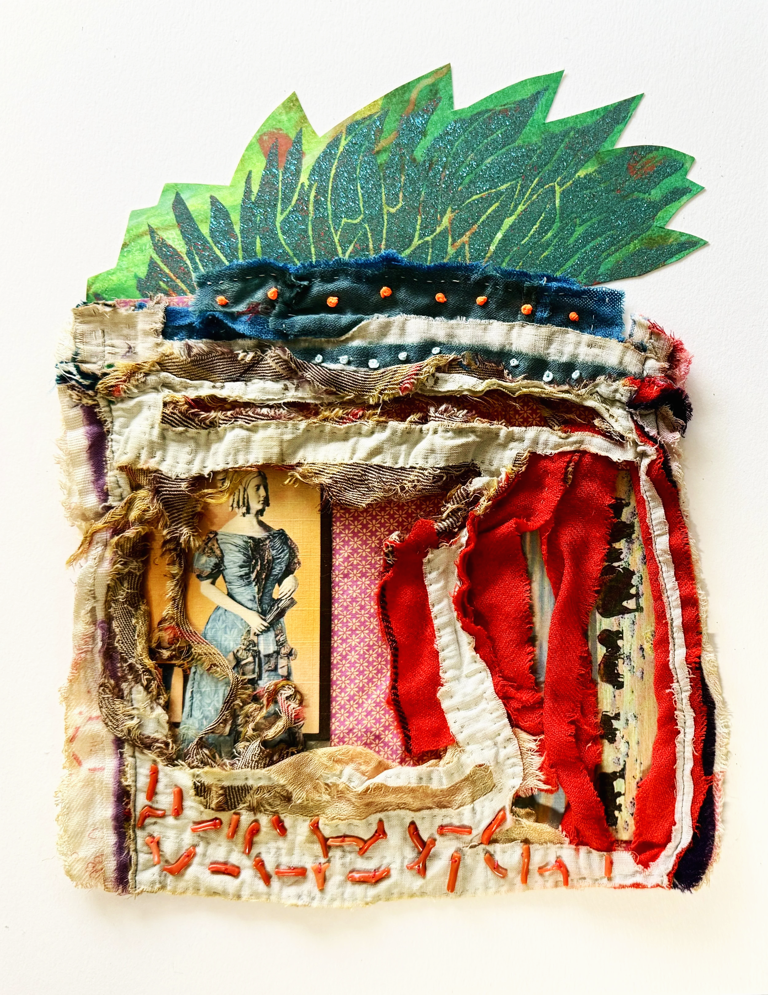 Legends, 2025, acrylic, repurposed quilt, paper, thread, glitter, beads on 4ply mat board 14 x 11 in