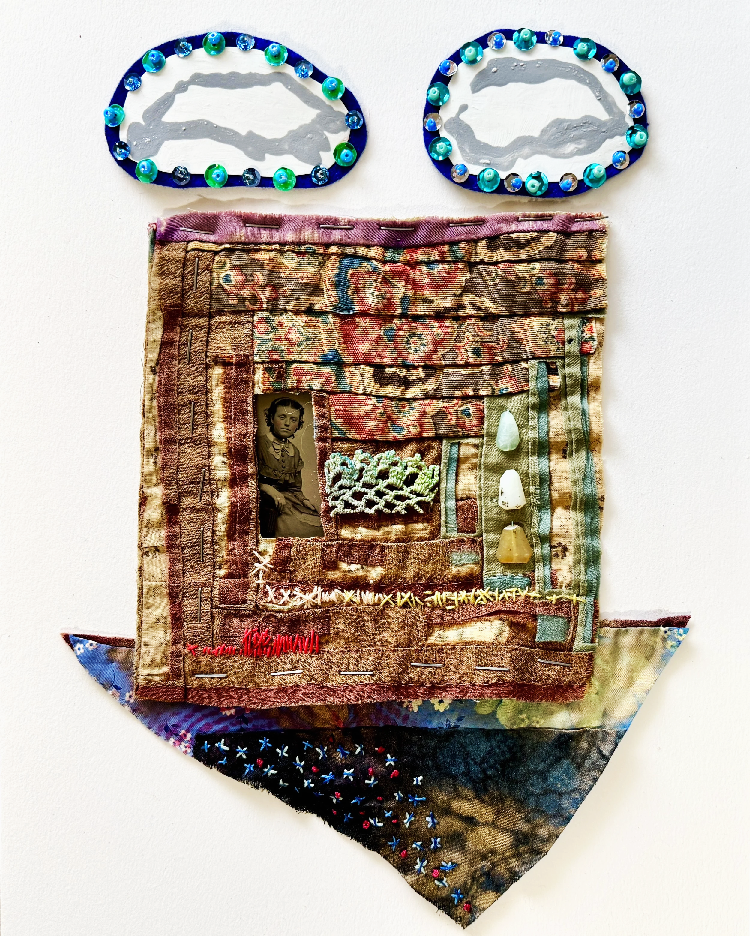 Weather, 2025, acrylic, spray paint, repurposed quilt, felt, tintype, thread, staples, beads, sequins on 4ply mat board 14 x 11 in