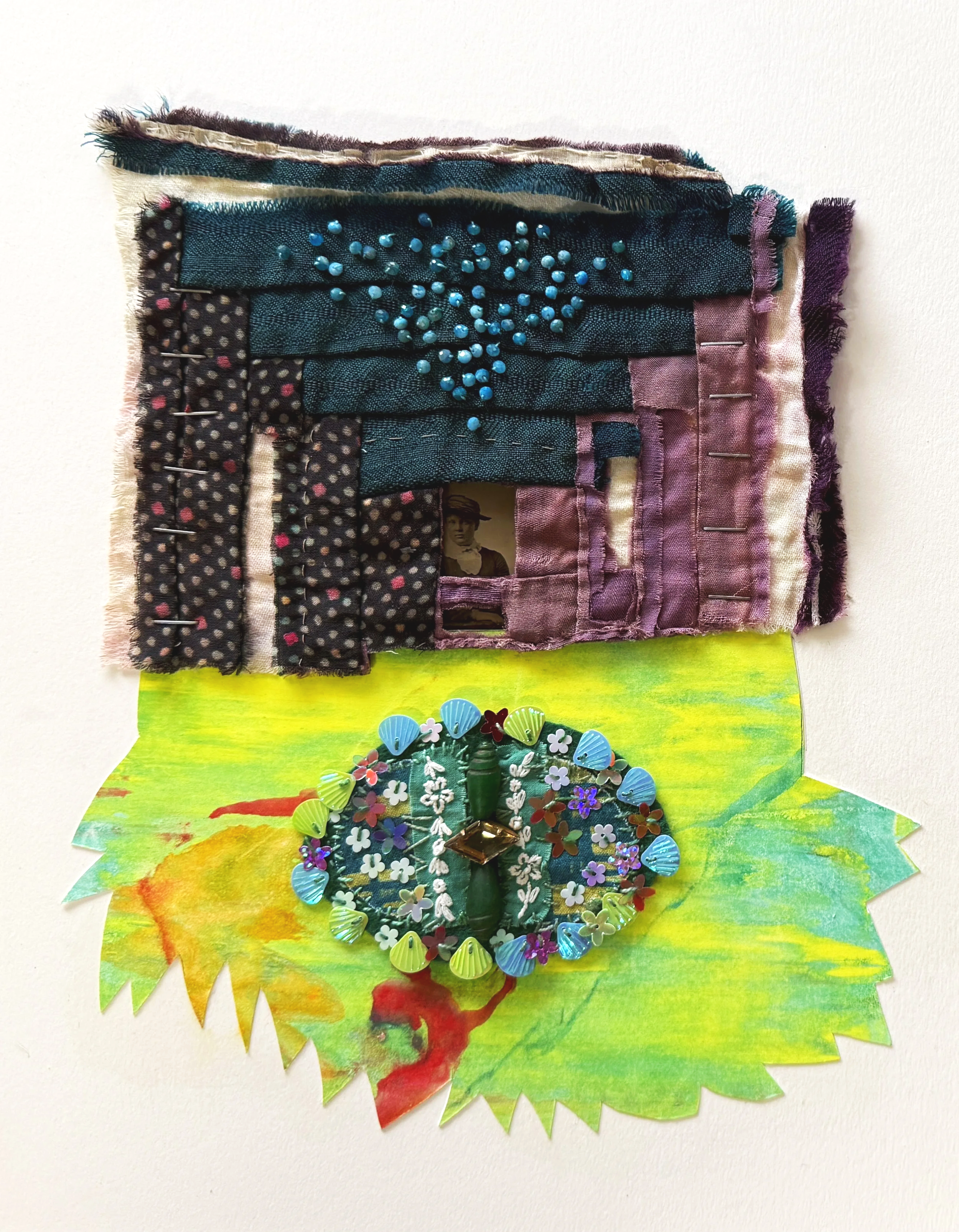 Portal, 2025, acrylic, repurposed quilt, fabric, thread, beads, sequins on 4ply mat board 14 x 11 in