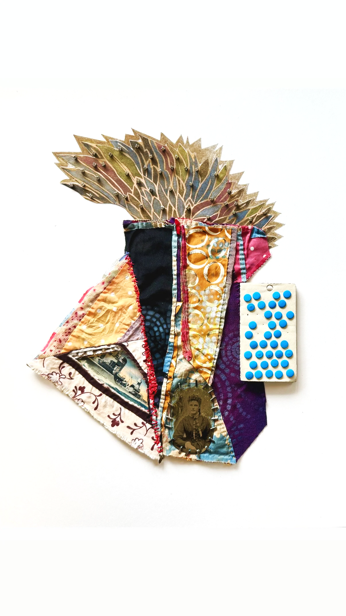 Destiny, 2026, acrylic, spray paint, repurposed quilt, tintype, paper, thread, beads, metal on 4ply mat board, 20 x 16 in