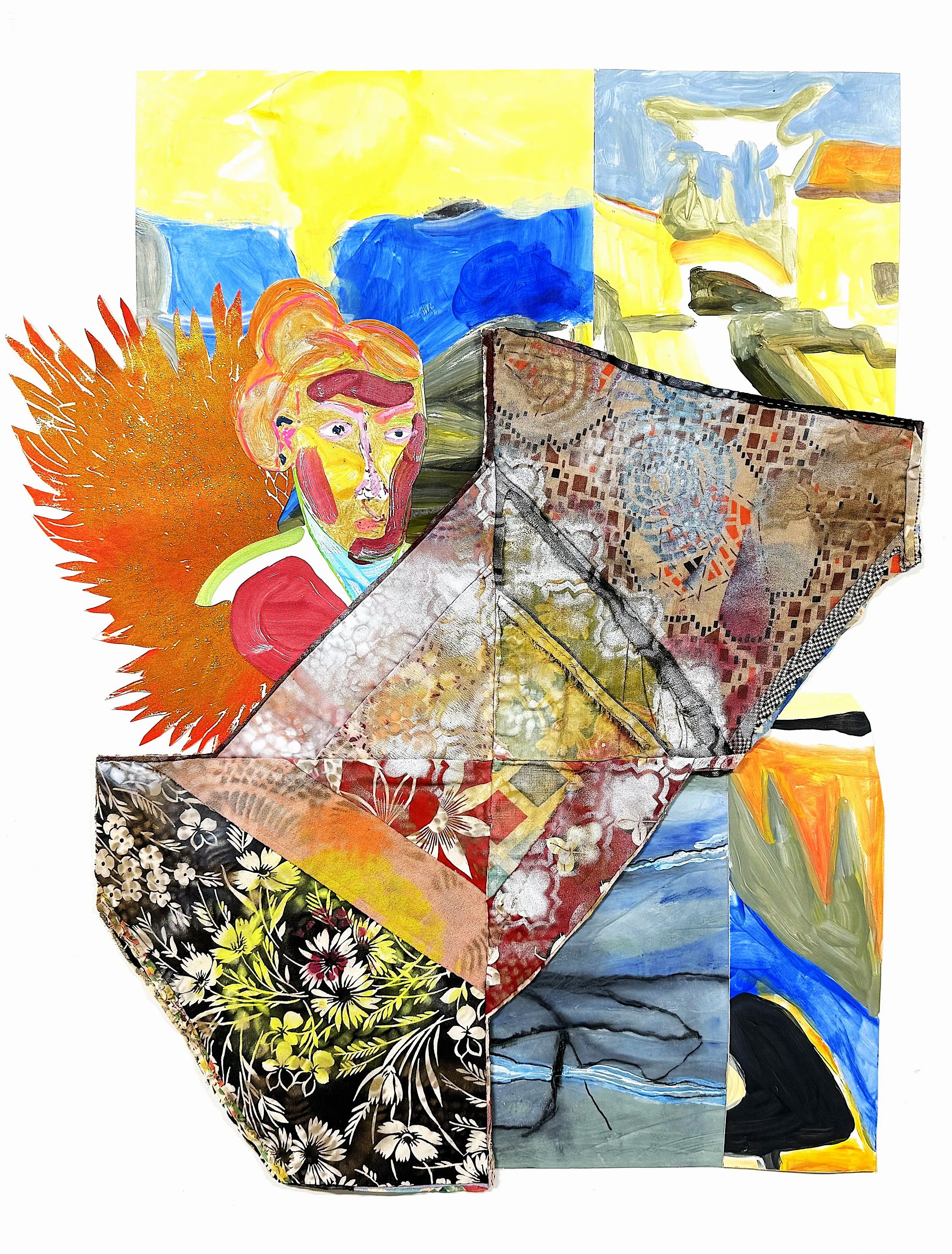 Place, 2026, acrylic, spray paint, repurposed quilt, mica powder on paper, 36 x 28 in