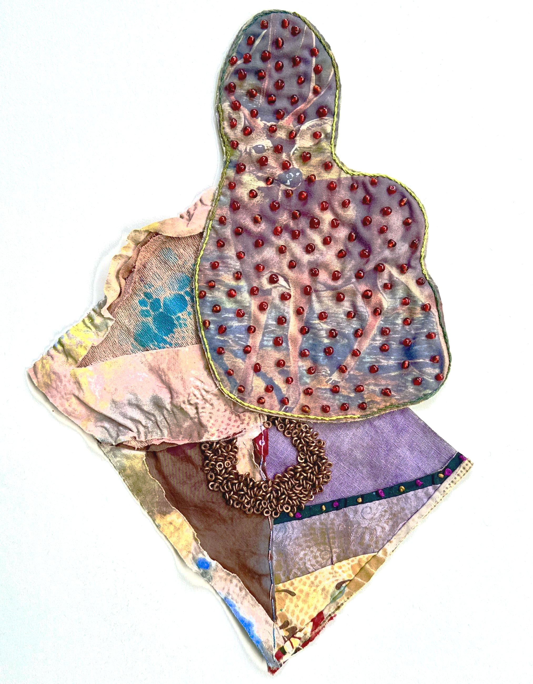Dear Deer, 2026, spray paint, repurposed quilt, fabric, thread, beads on 4ply mat board, 20 x 16 in