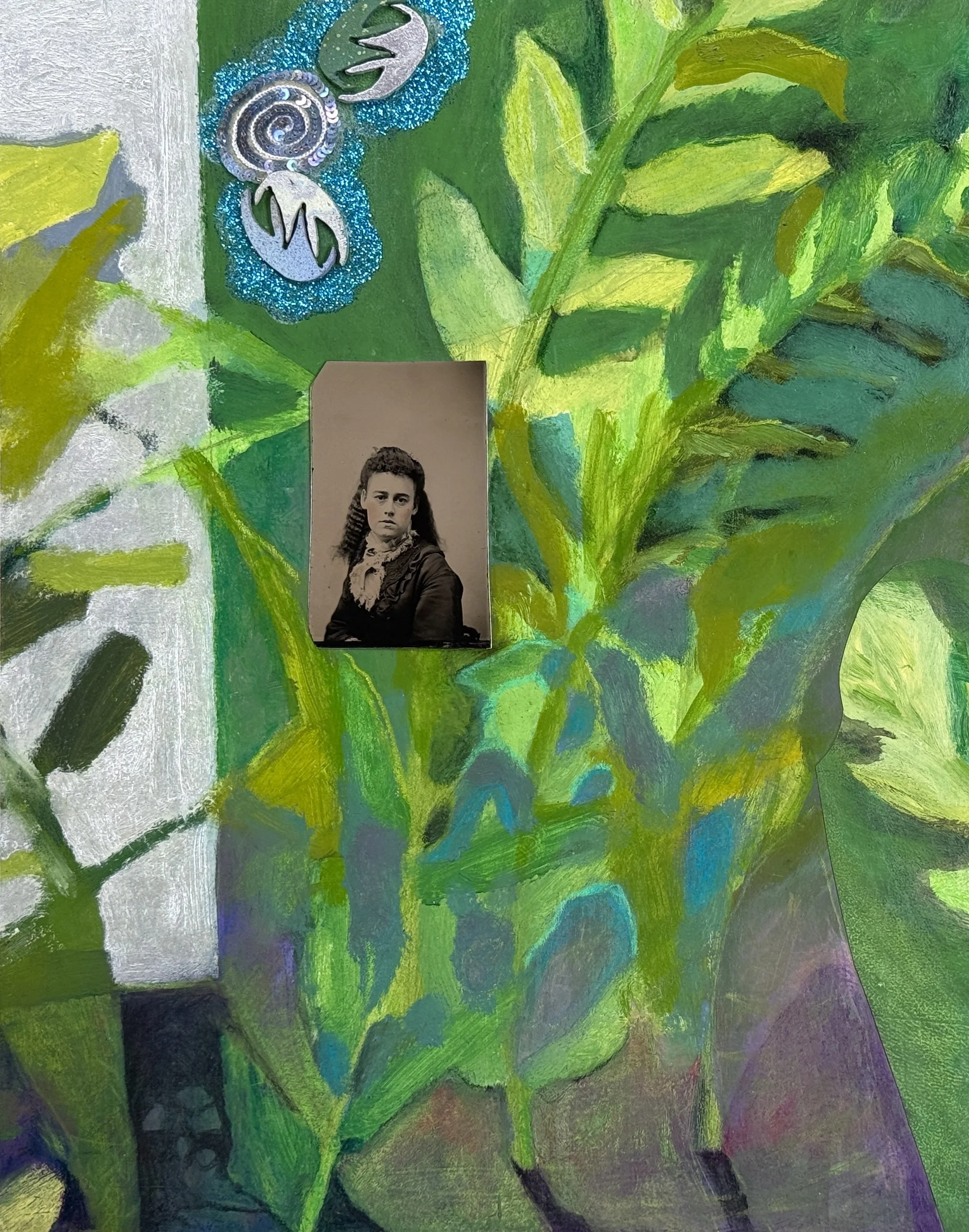 Wind, 2025, acrylic, pencil, tintype, metal, glitter, paper, mounted on cradled panel, 14 x 11 x 1 in