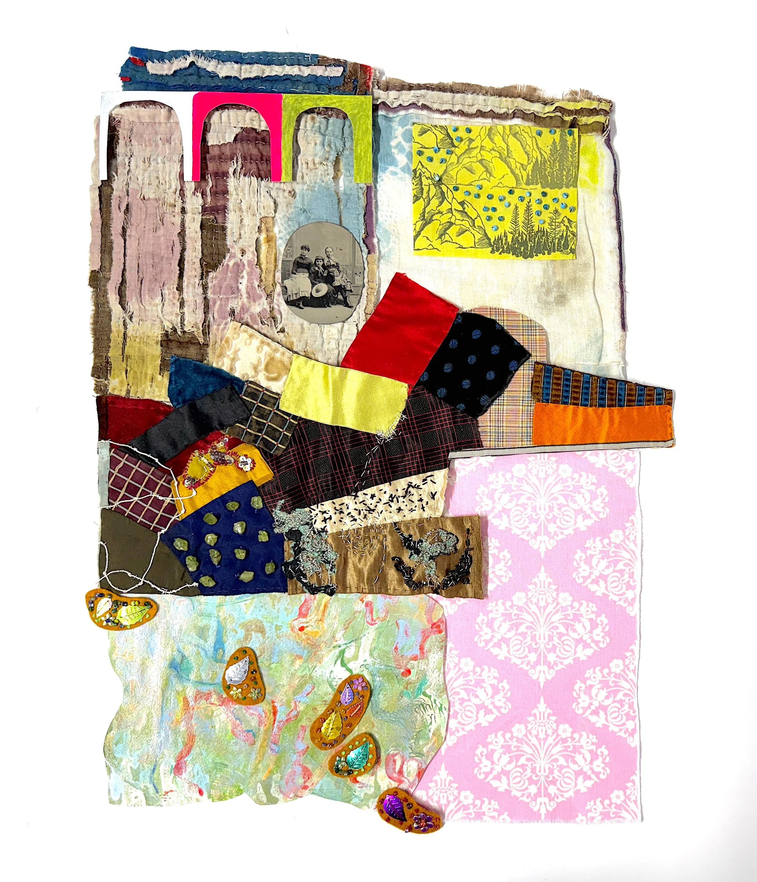 Travelers II, 2026, acrylic, spray paint, pencil, repurposed quilt, fabric, tintype, sequins, beads, paper on paper, 36 x 28 in