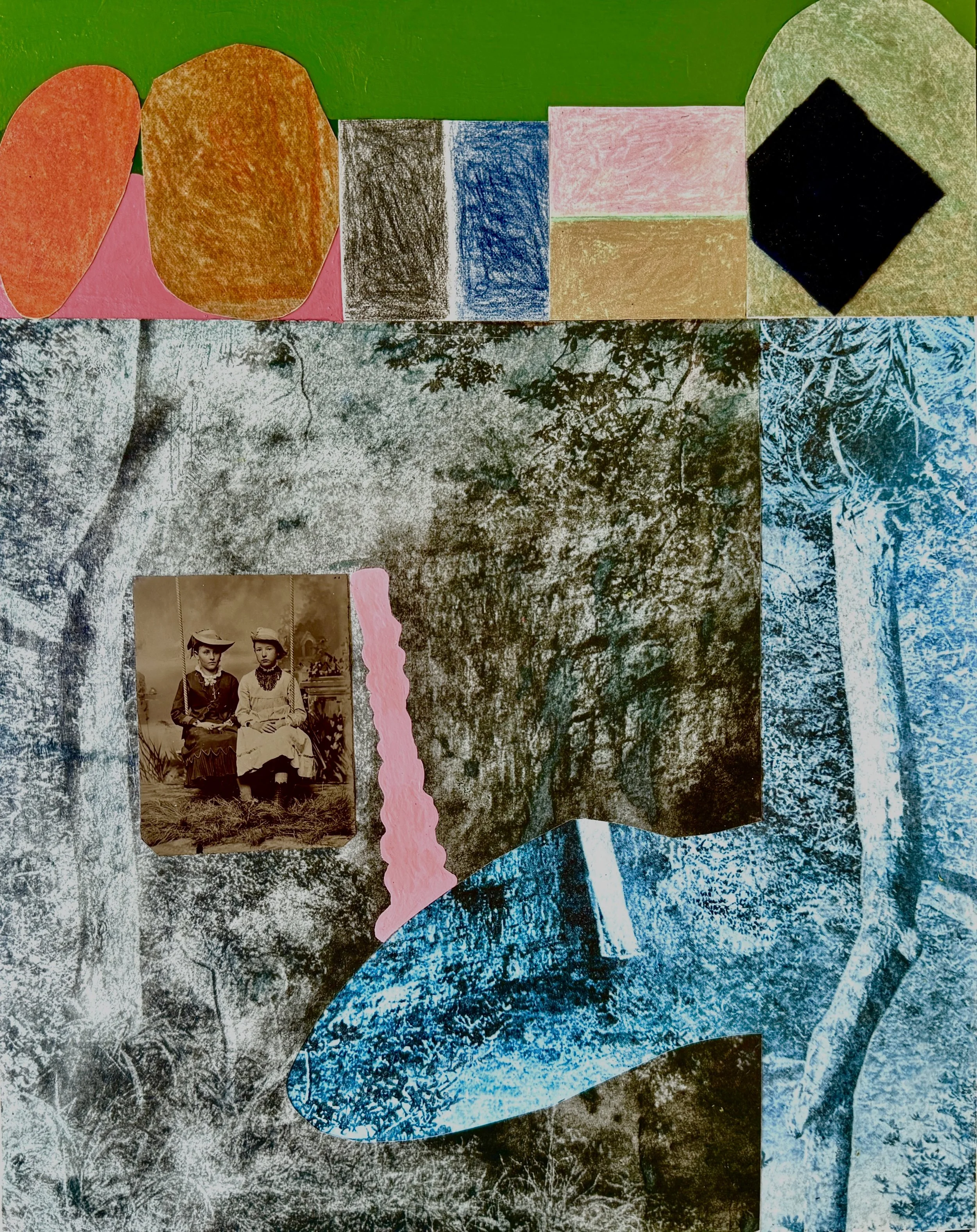 Swing, 2025, acrylic, ink, pencil, tintype, velvet, paper, mounted on cradled panel, 14 x 11 x 1 in