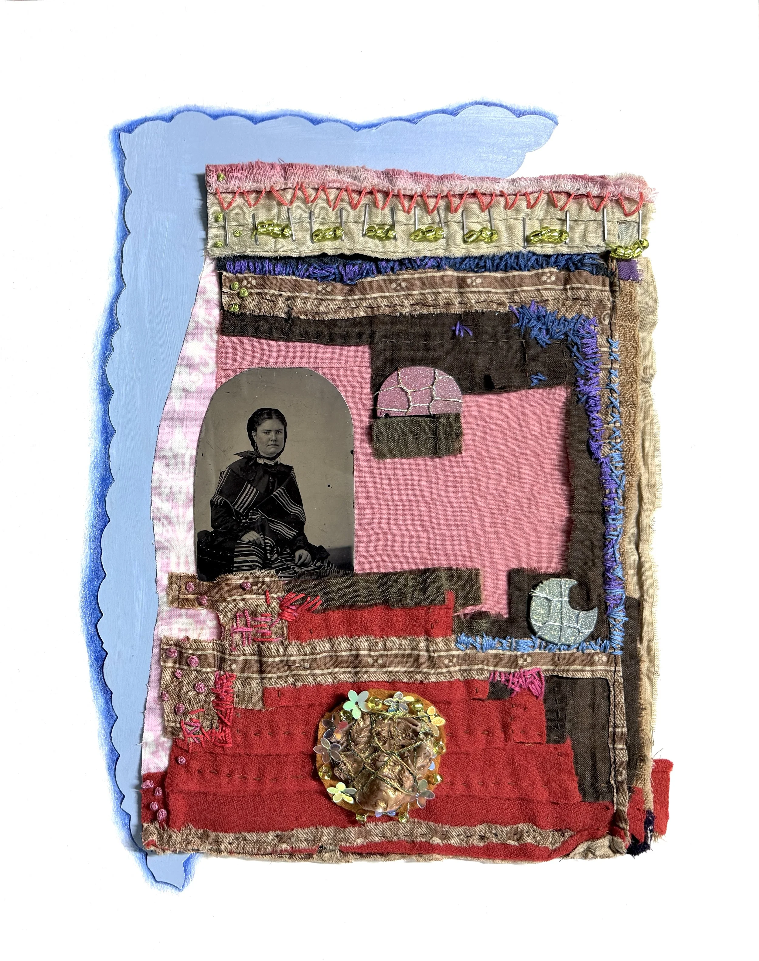 Blessed, 2026, acrylic, pencil, repurposed quilt, tintype, fabric, thread, beads, found object, metal, sequins on 4ply mat board, 14 x 11 in