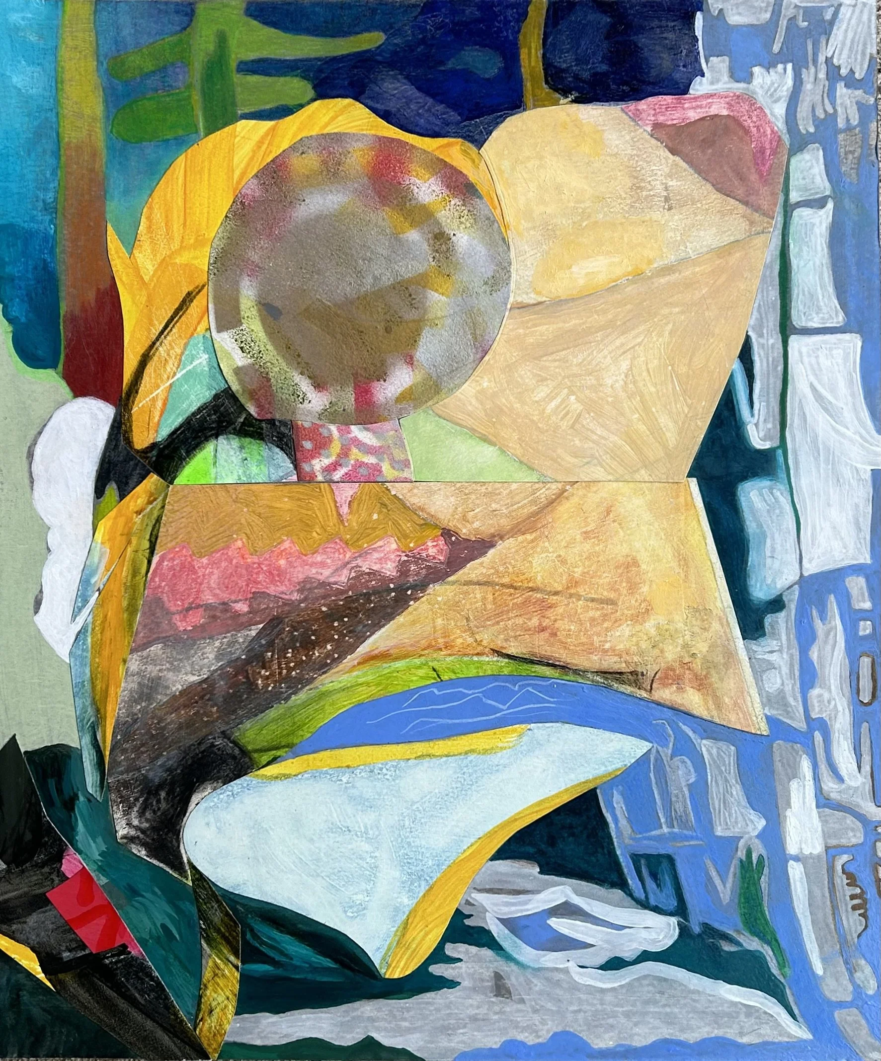 Flow, 2023, acrylic, spray paint, color pencil, graphite, paper on mat board, 12 x 11 in