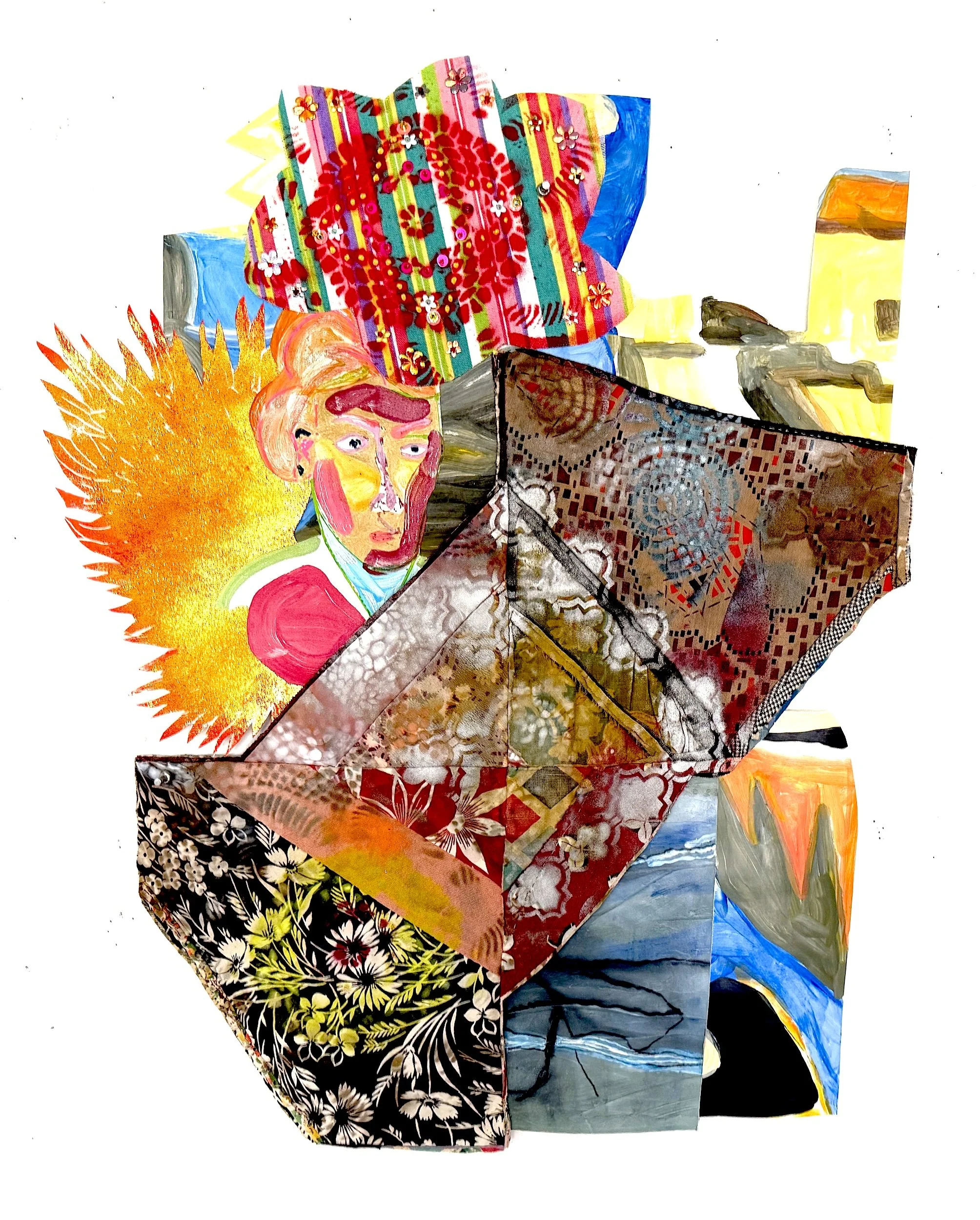 Trial, 2026, acrylic, spray paint, fabric, repurposed quilt, charcoal, mica, sequins, beads, 30 x 24 in