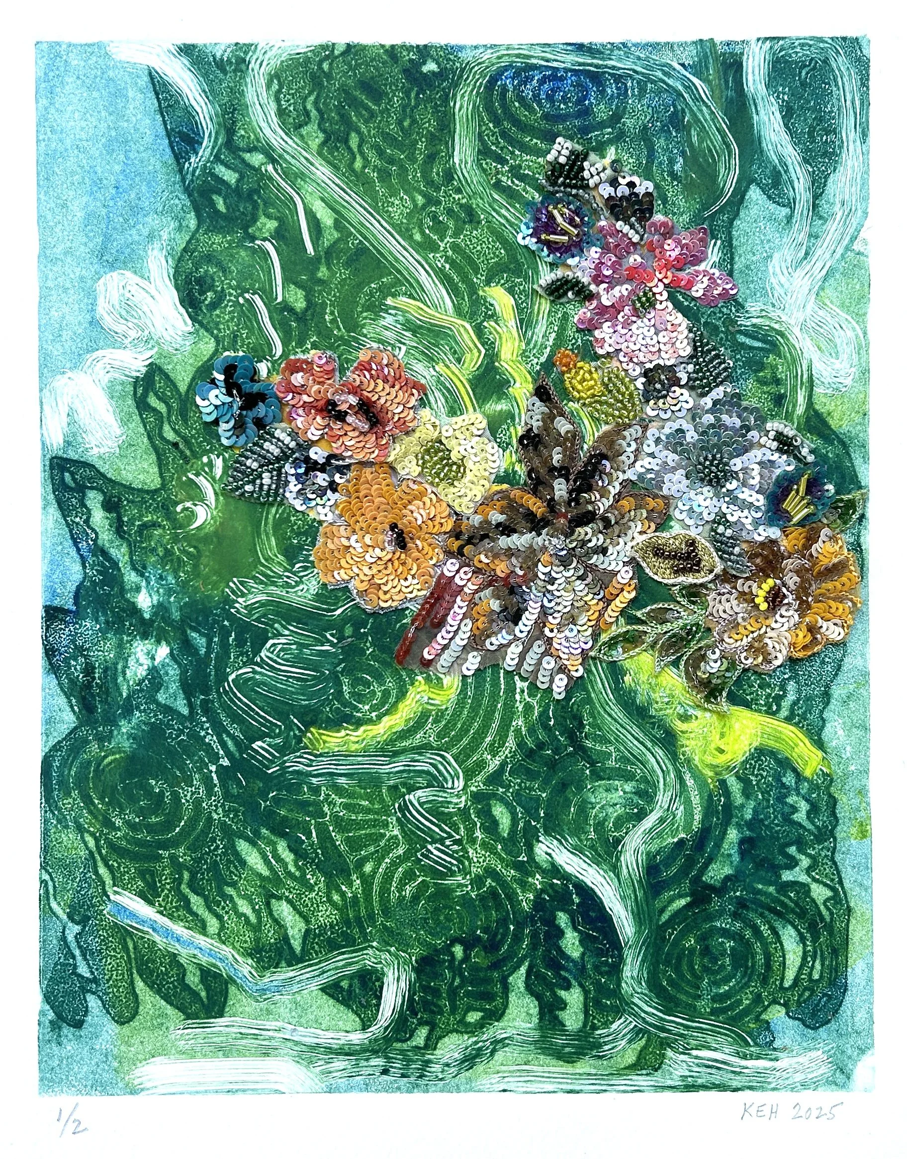 Untitled, 2025, monoprint with embellishments, 10 x 8 image on 13 x 11 in Arches paper. Printed at Iowa City Press Co-op