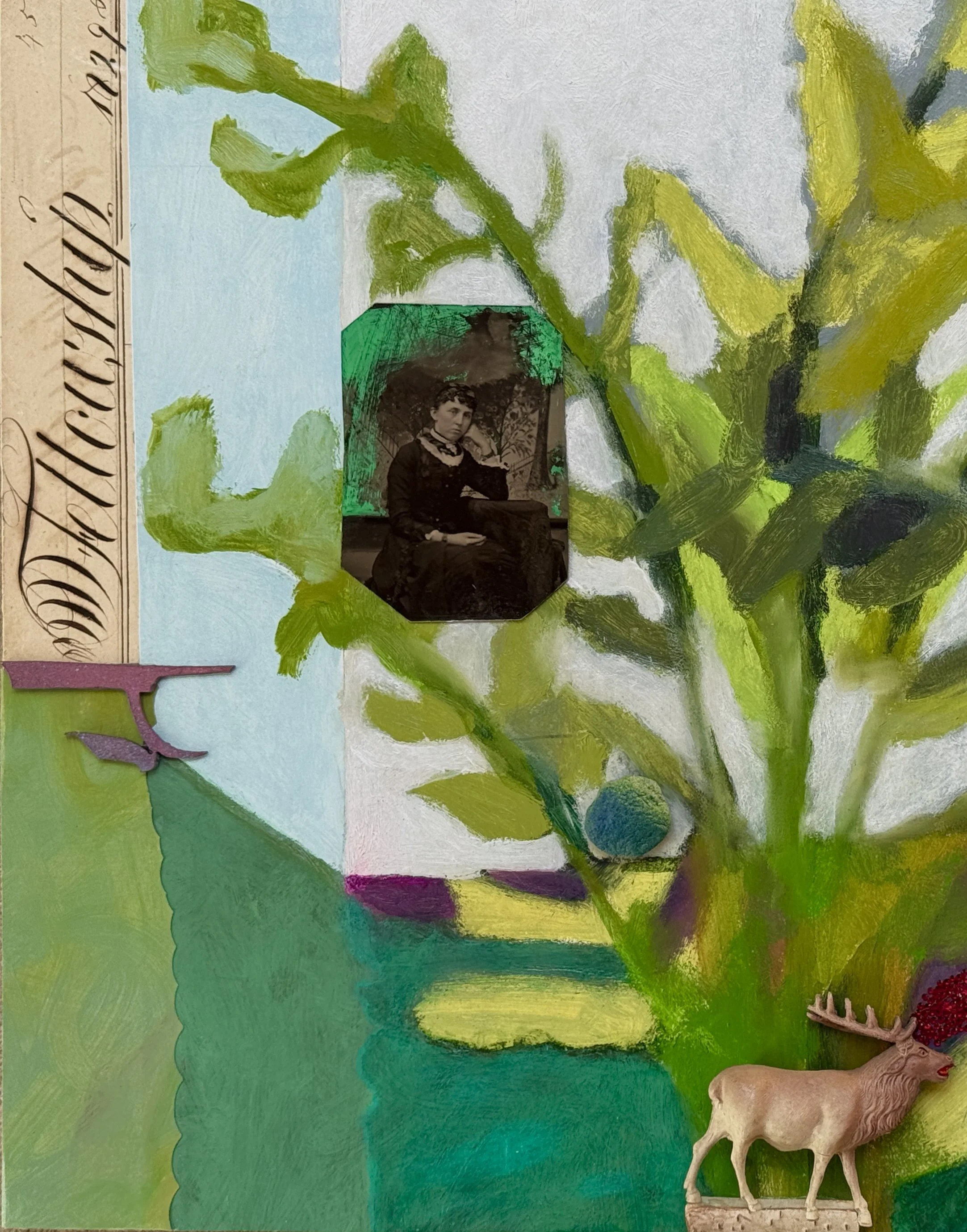 Fellowship, 2025, acrylic, pencil, tintype, wood, metal, plastic animal, crystals, paper, mounted on cradled panel, 14 x 11 x 1 in