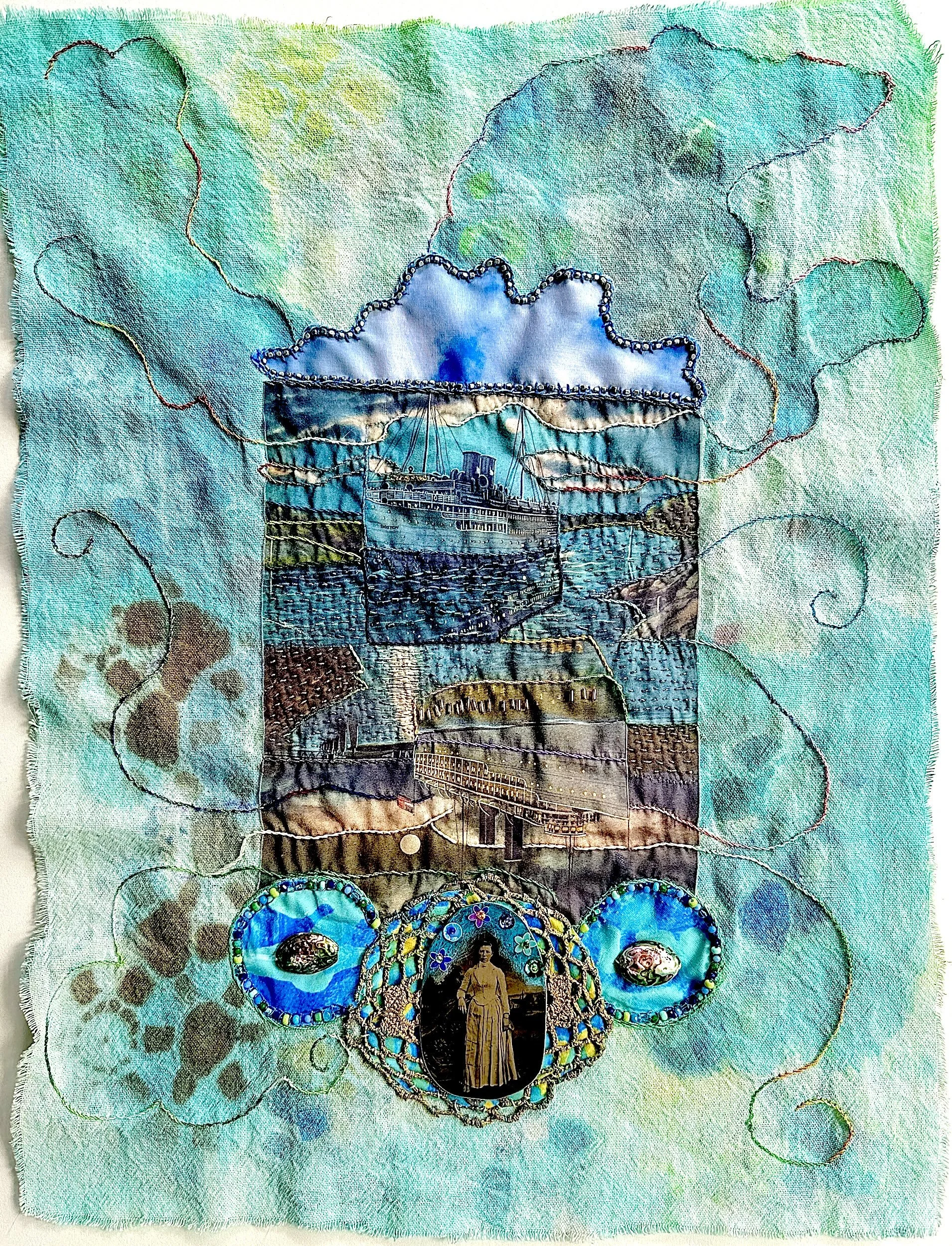 Beyond the Sea, 2026, acrylic, spray paint, dye, inkjet, fabric, thread, beads, sequins, tintype, 22 x 17 in