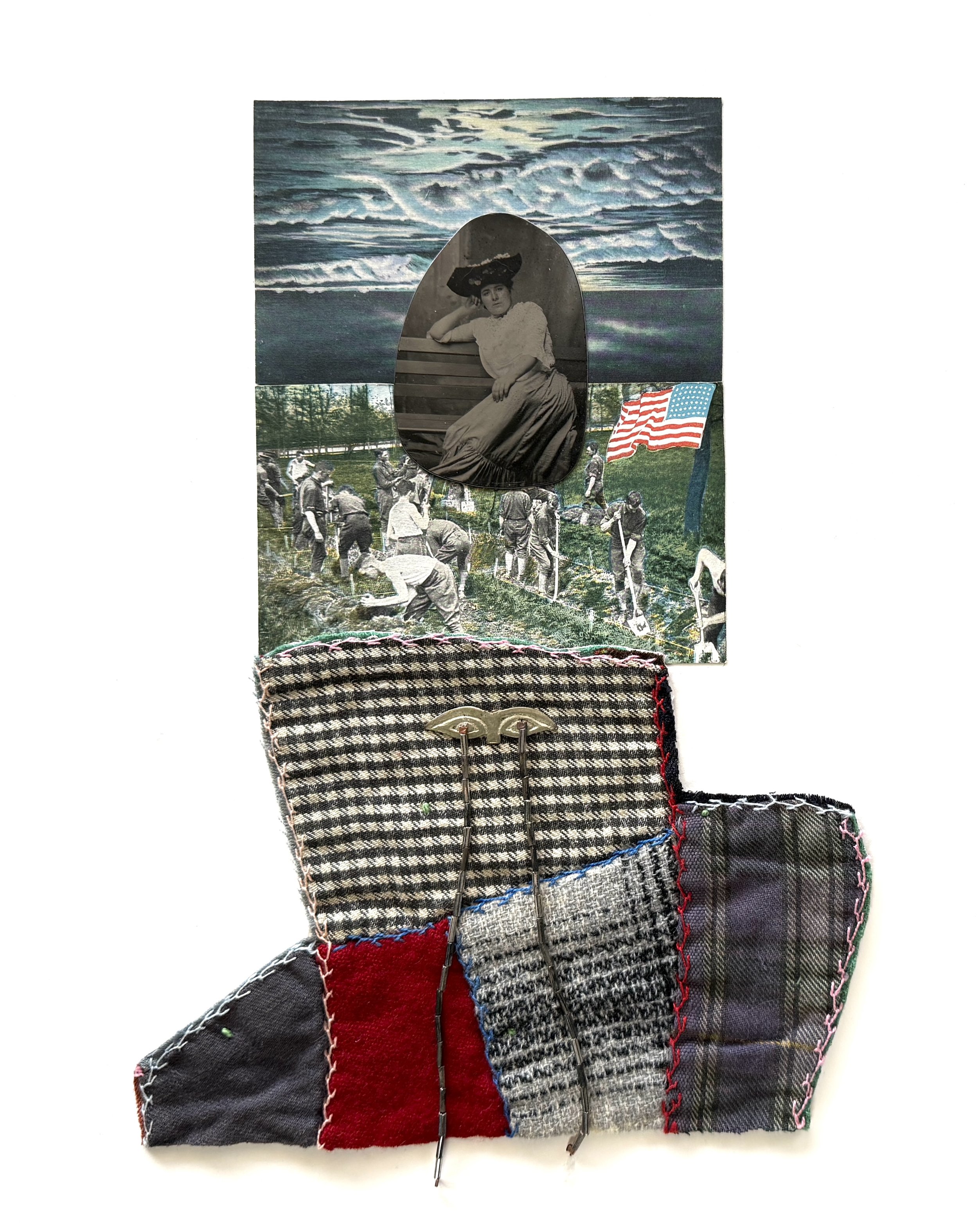 Waiting,  2025, antique quilt, tintype, metal, beads, paper on 4ply mat board, 14 x 11 in