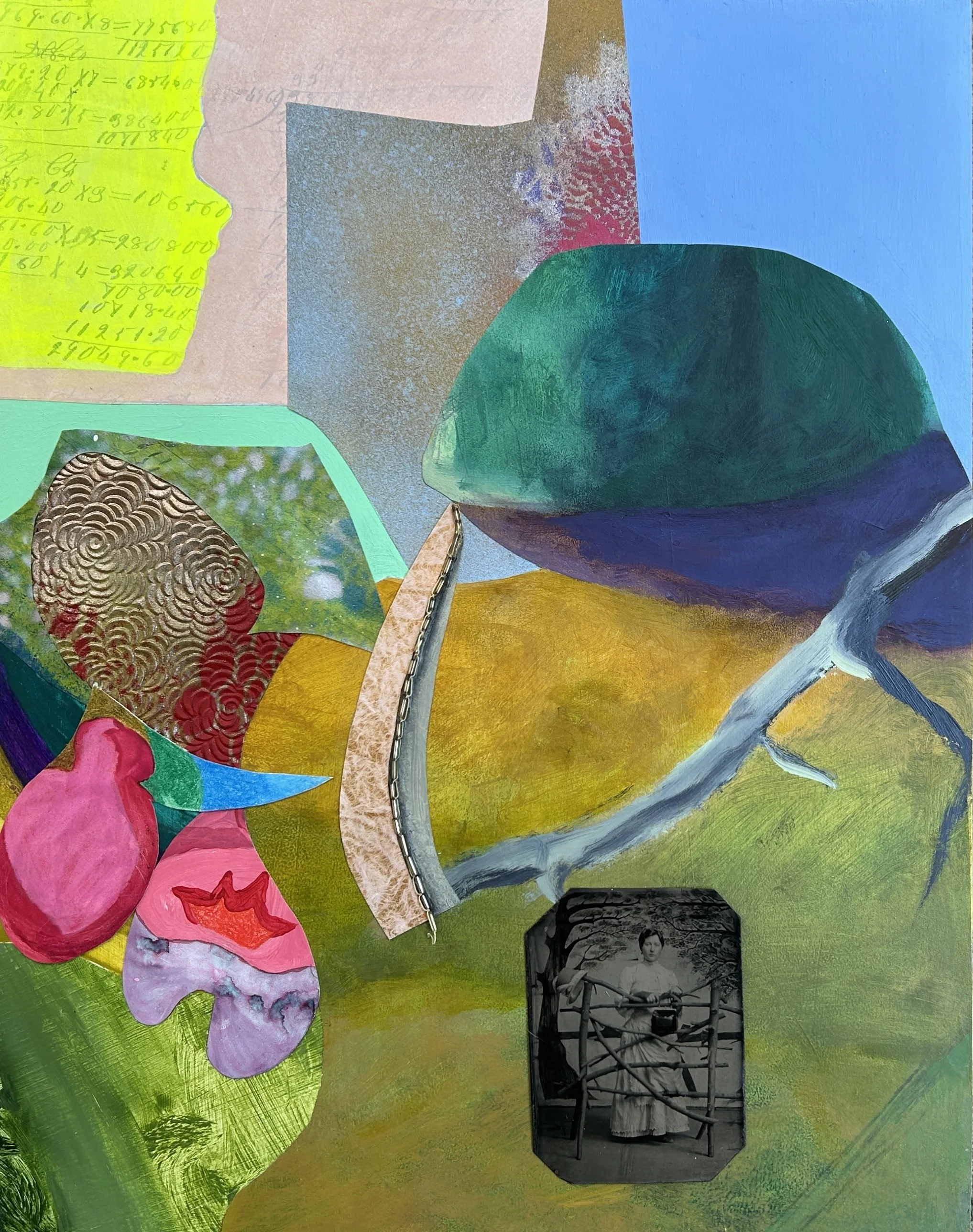 Barriers, 2025, acrylic, spray paint, tintype, beads, paper, mounted on cradled panel, 14 x 11 x 1 in