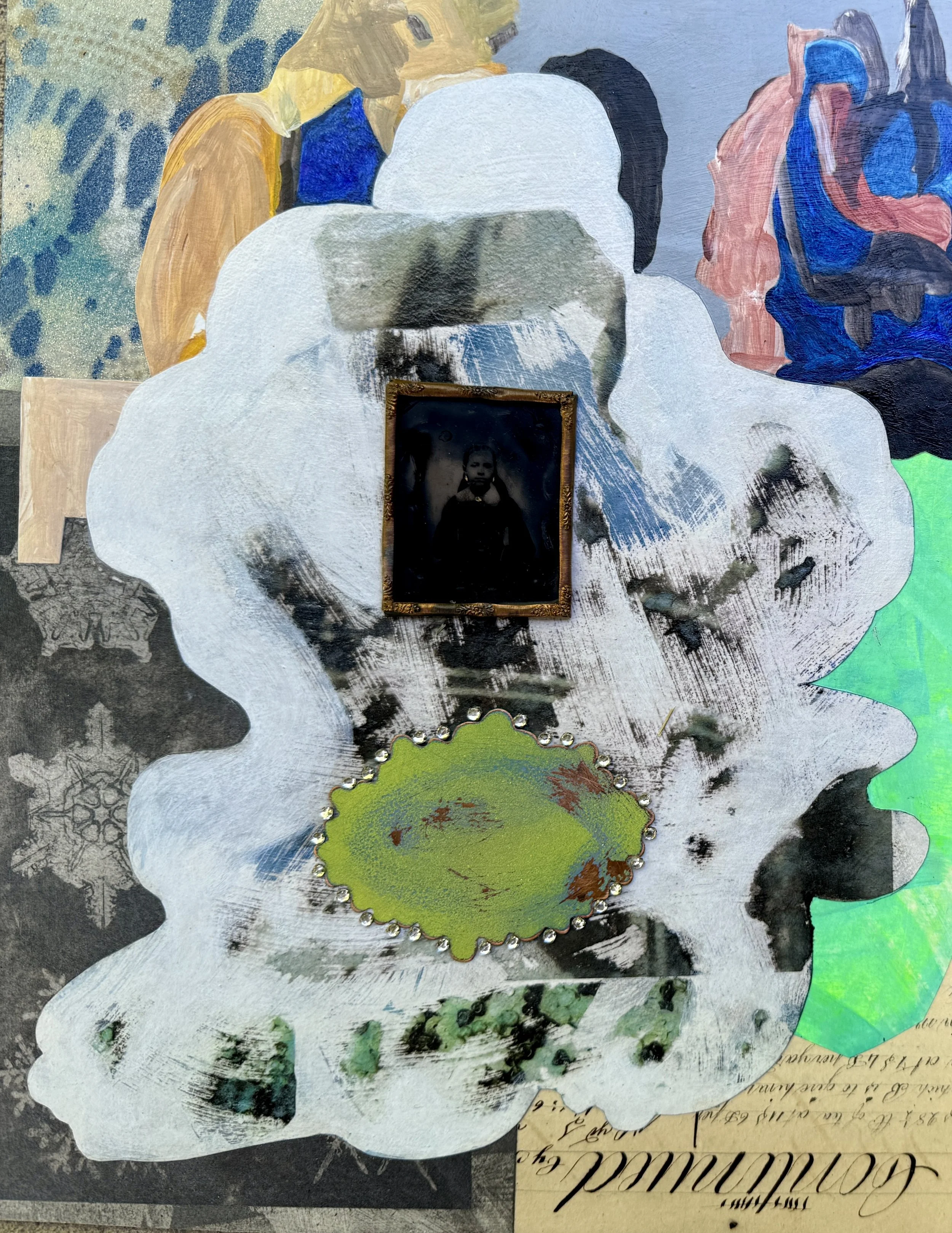 Continued, 2025, acrylic, ink, tintype, metal, rhinestones, paper, mounted on cradled panel, 14 x 11 x 1 in