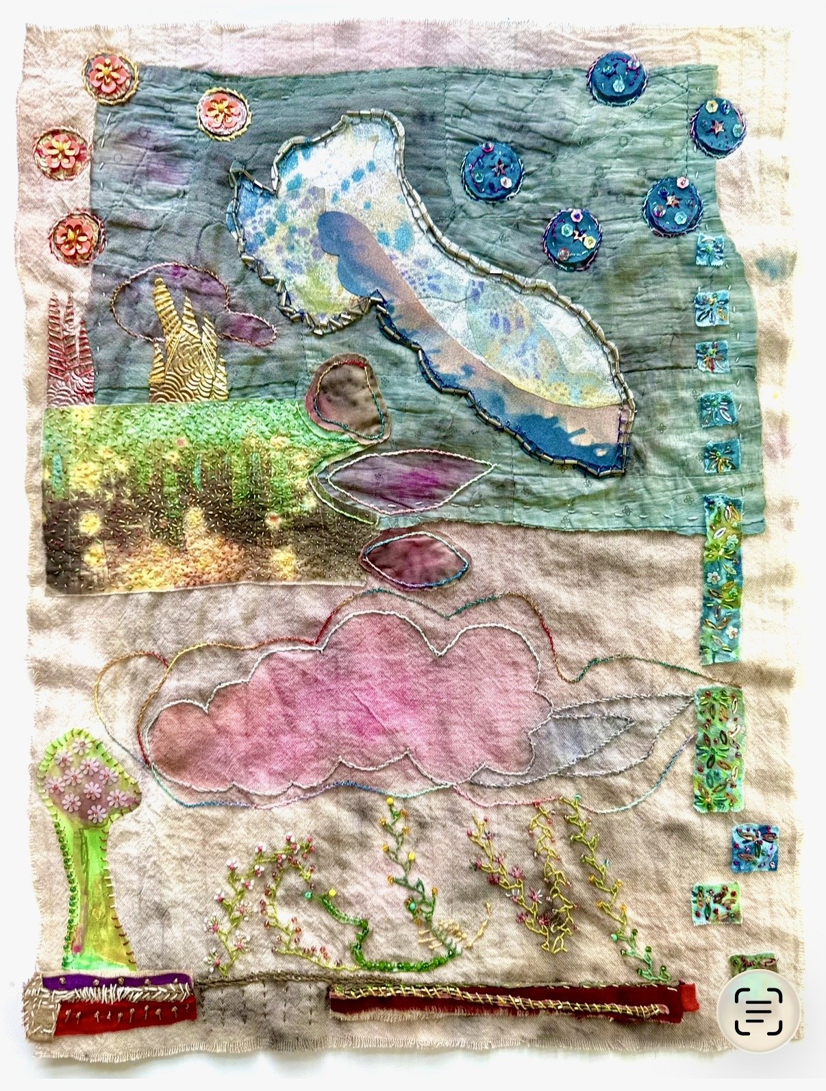 Flaring, 2026, acrylic, dye, spray paint, ink jet, repurposed textiles, felt, thread, beads, sequins, 22 x 17 in