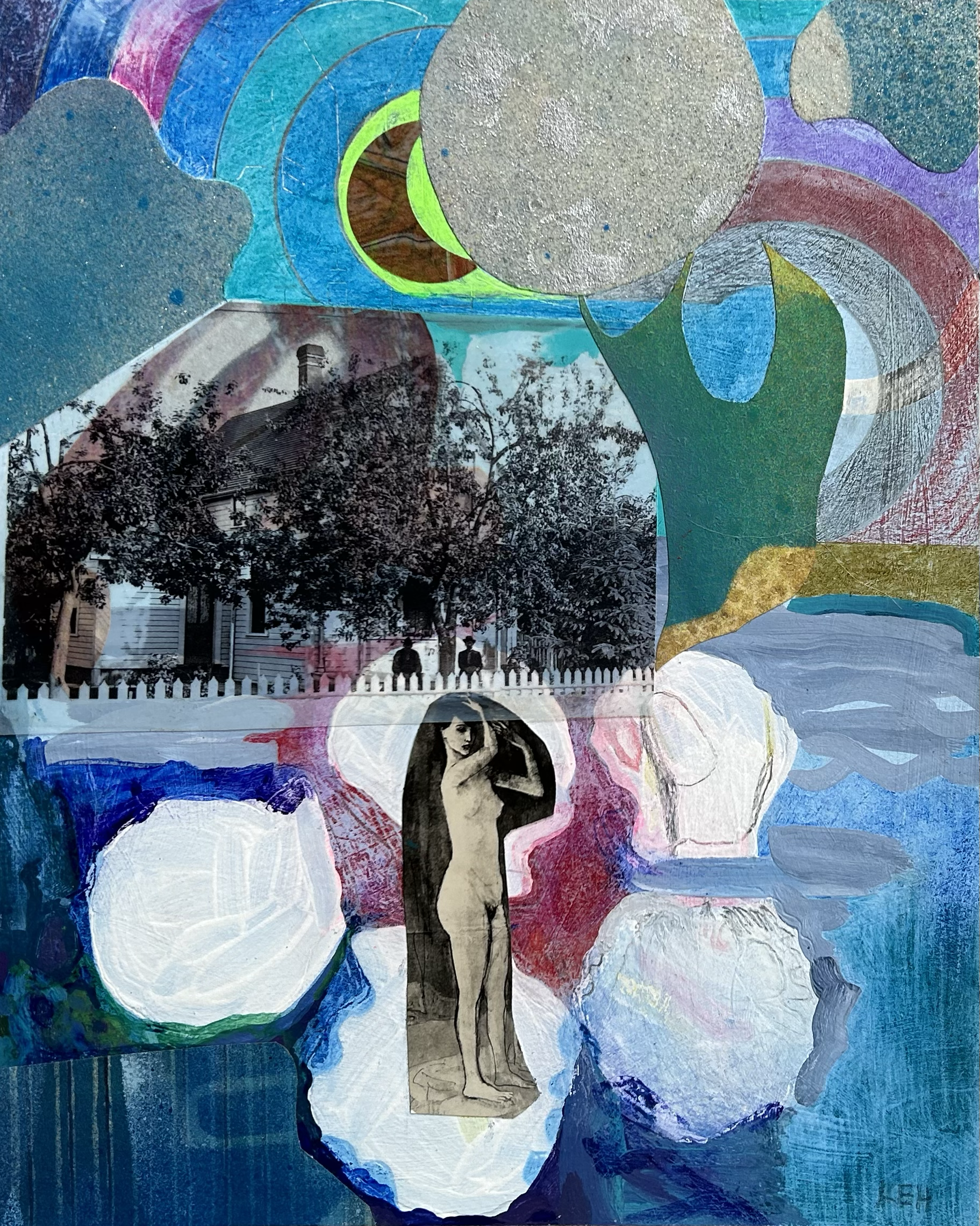 I See (It Was Known), 2023, acrylic, spray paint, color pencil, graphite, transparency, paper on 4 ply mat board, 10 x 8 inches