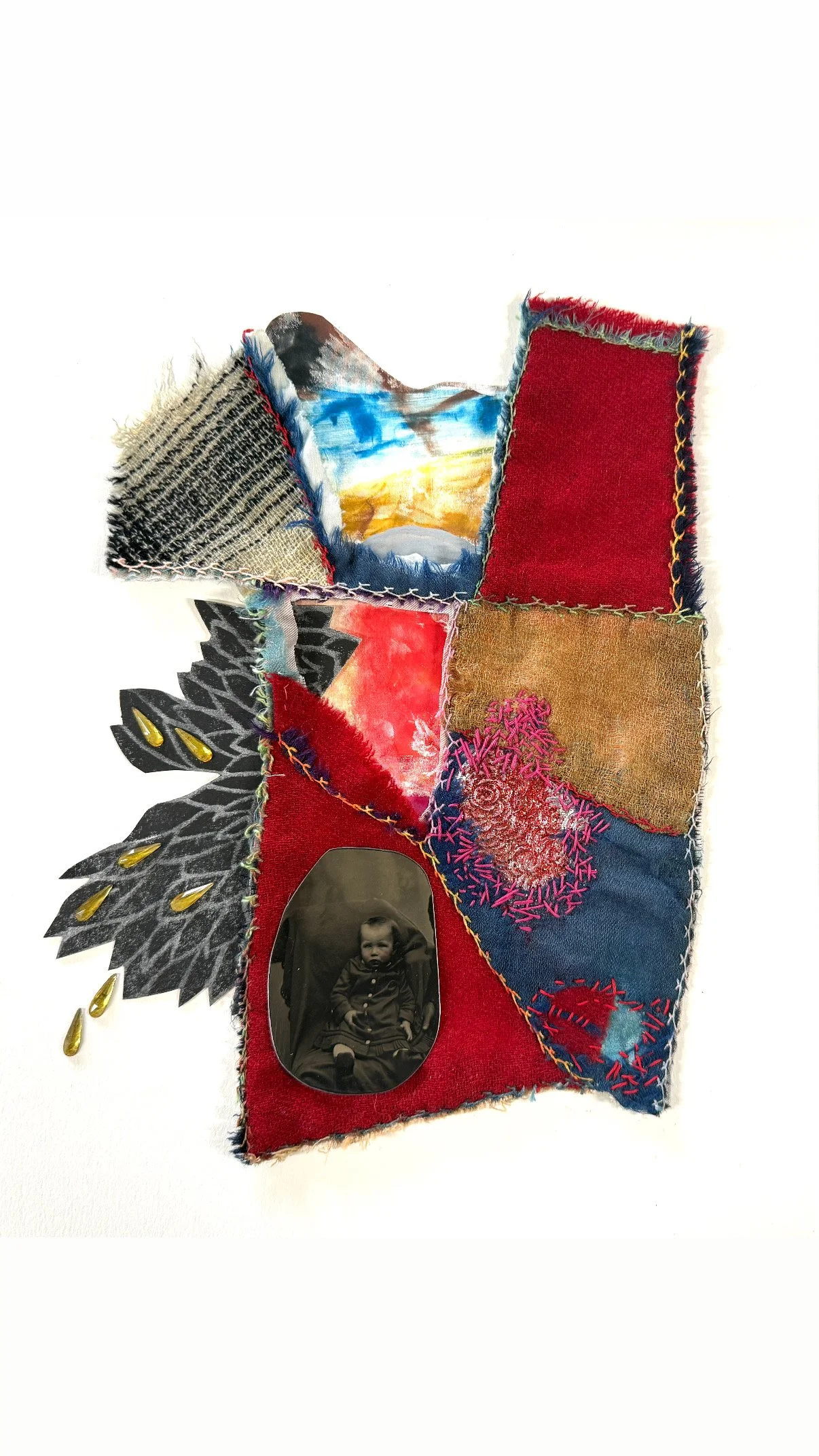 Nanny, 2026, repurposed quilt, acrylic, thread, tintype, glass on 4ply mat board, 14 x 11 in