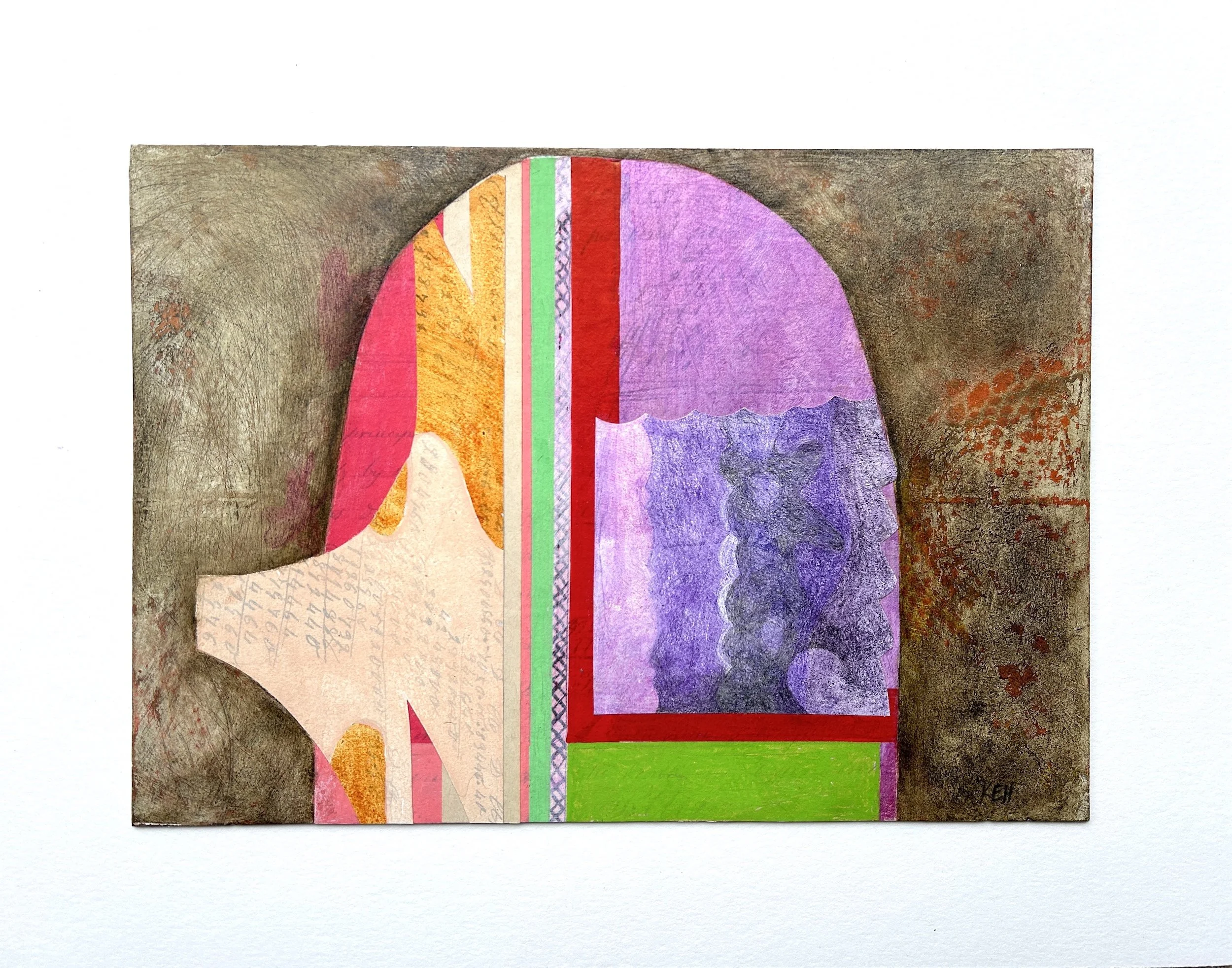 Polls, 2024, acrylic, spray paint, color pencil, graphite, paper on 4ply mat board, 7 1/2 x 10 1/2 in