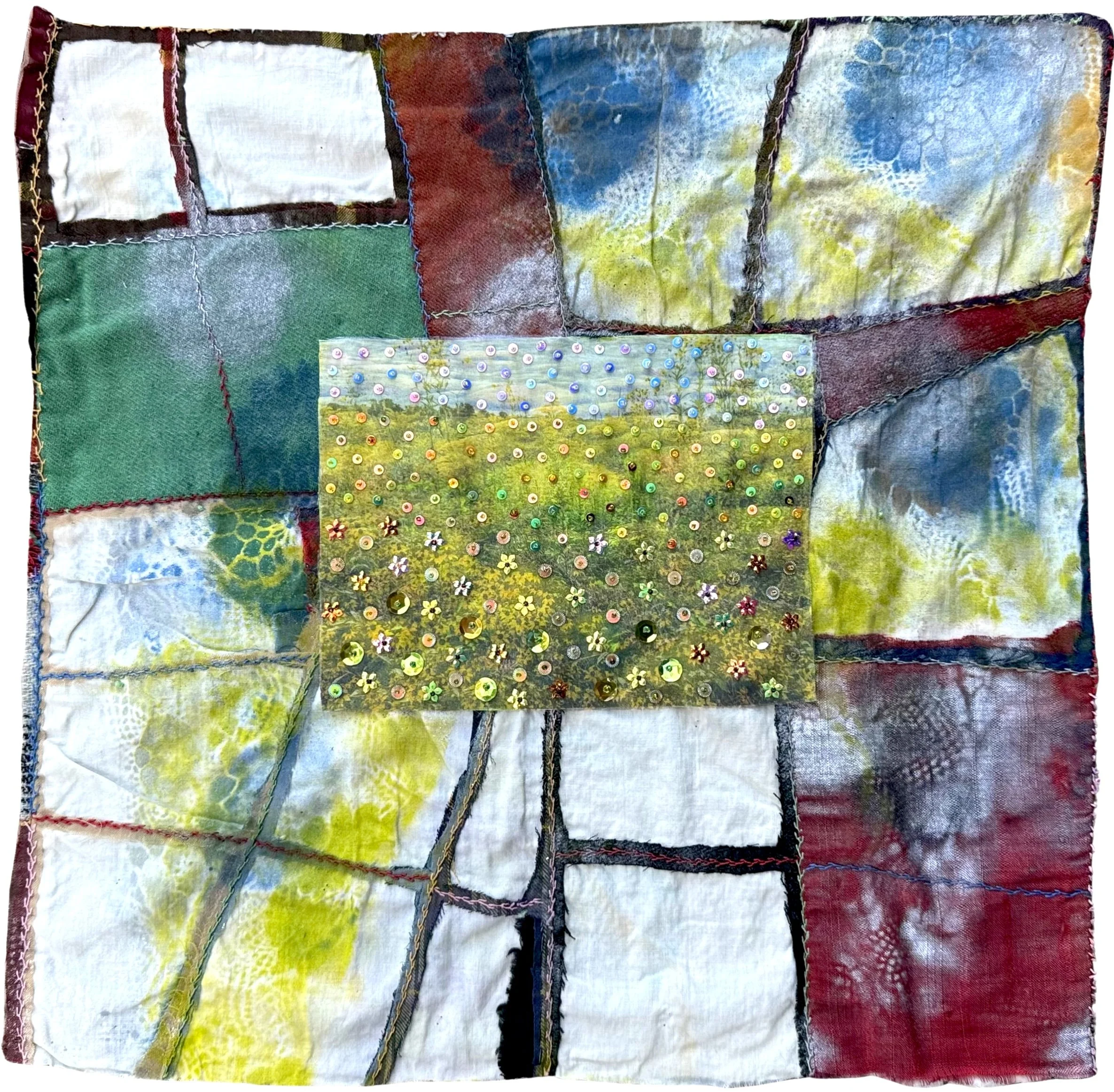 Country Summers, 2026, repurposed quilt, fabric, spray paint, thread, beads, sequins, 18 x 18 in