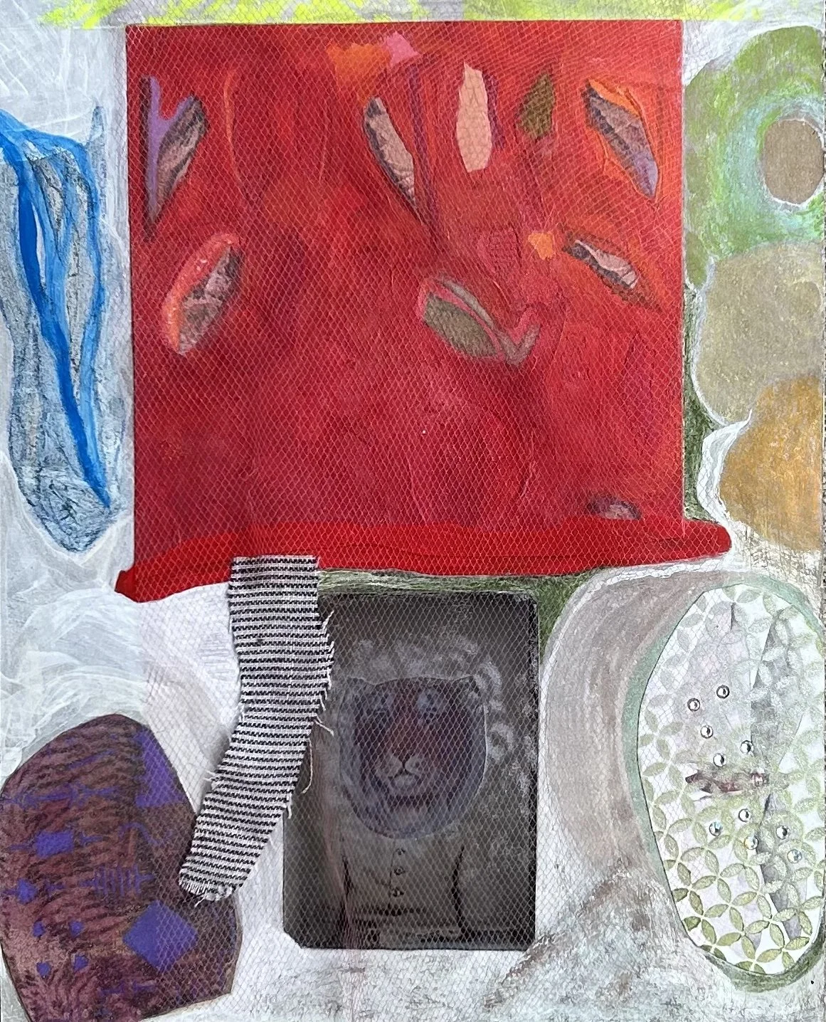 Tiger (It Was Known), 2023, acrylic, spray paint, color pencil, tintype, crystals, fabric, paper on 4ply mat board, 10 x 8 in