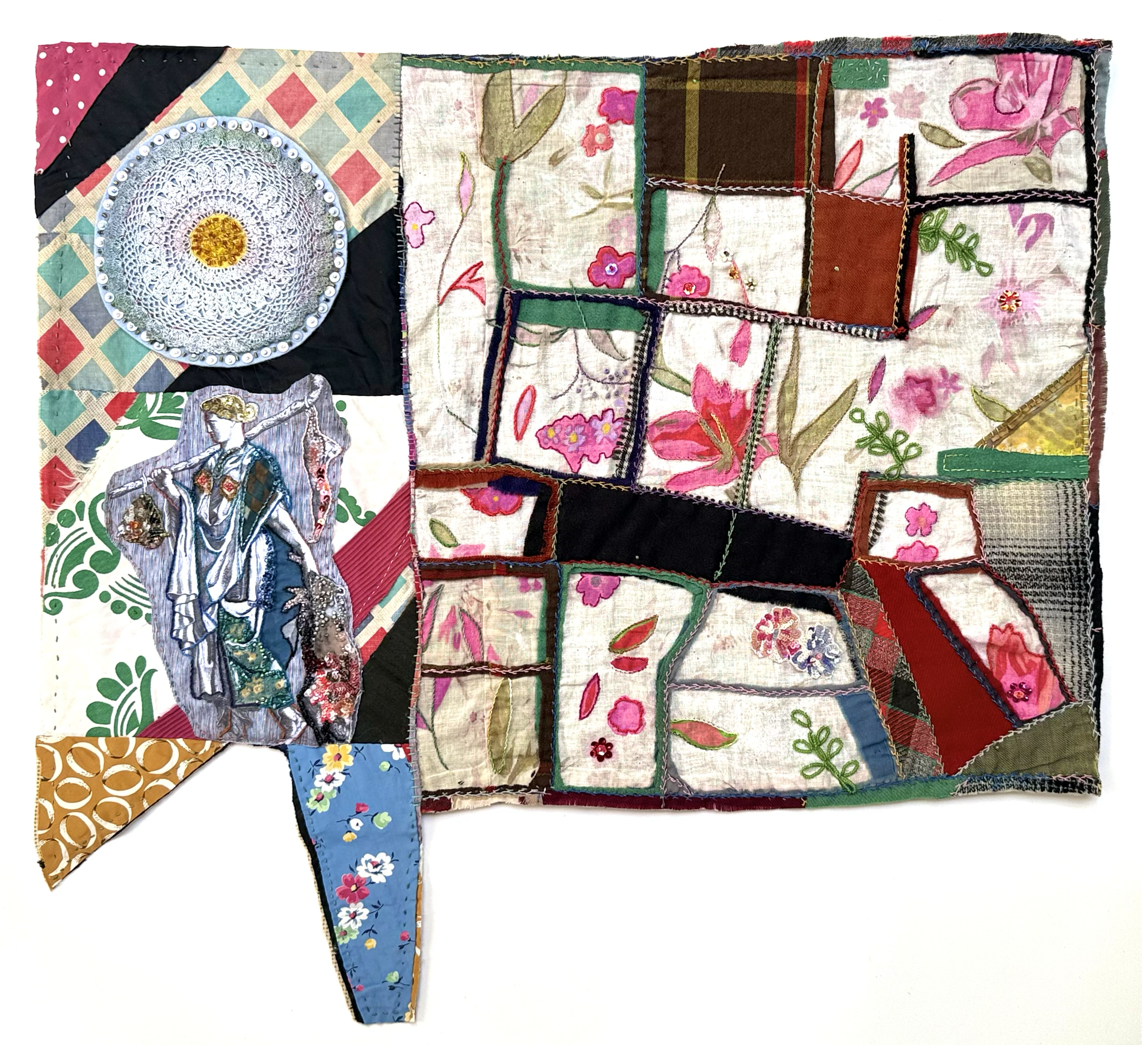Artemis, 2026, repurposed quilts, fabric, acrylic, inkjet, thread, beads, sequins, 22 1/2 x 27 in