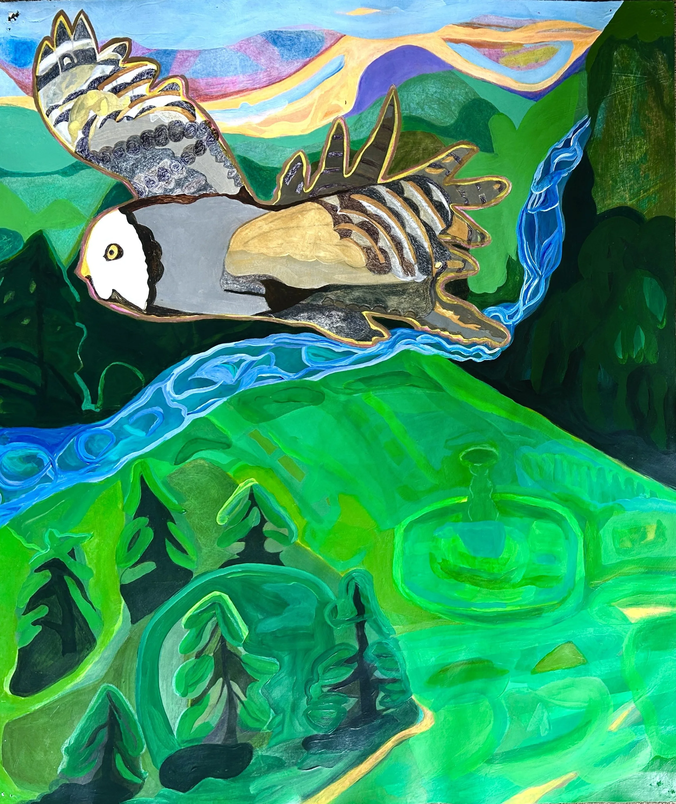 Protector, 2025, oil, acrylic, pencil, ball point pen on paper, 29 1/2 x 23 1/2 in