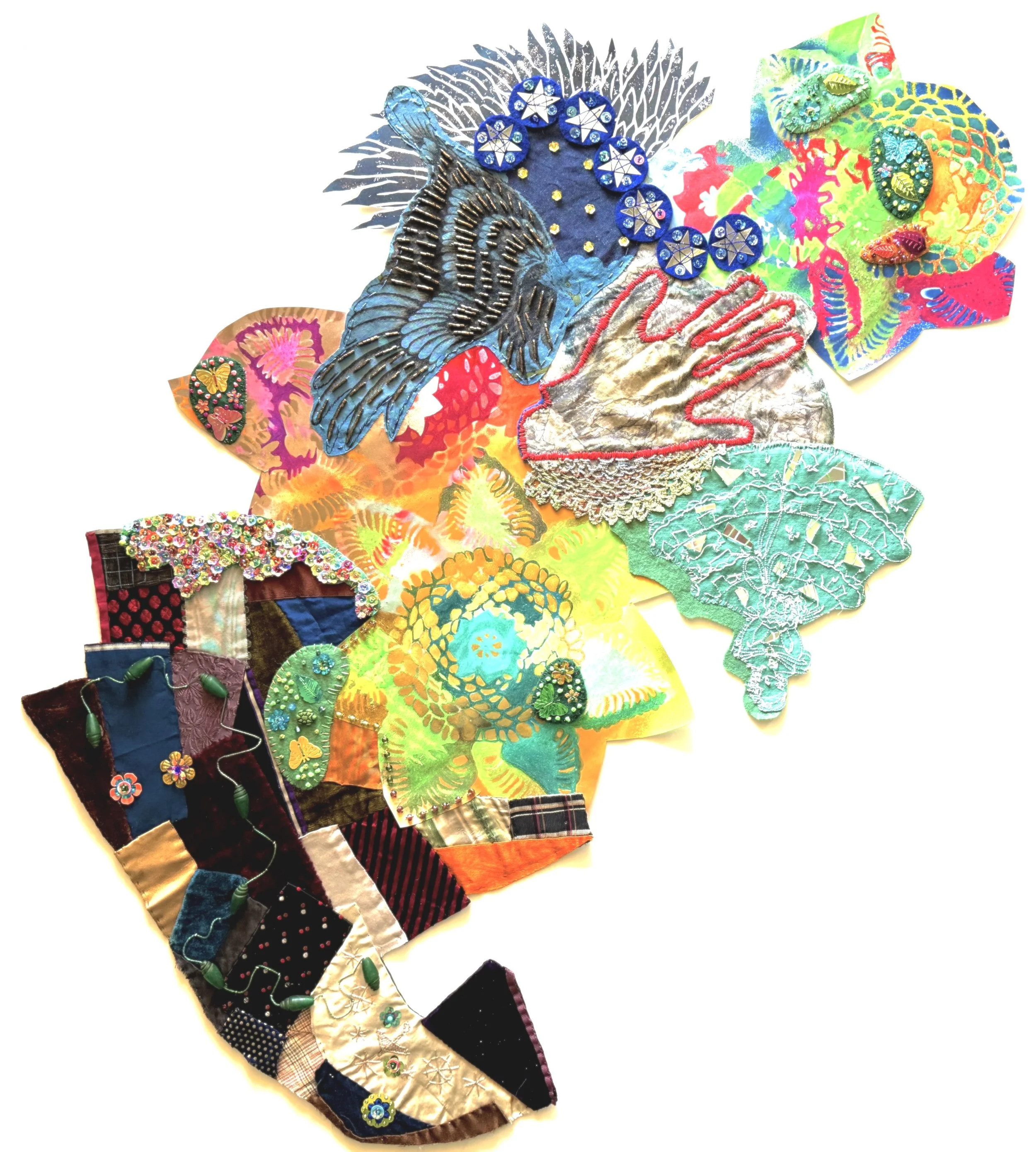 Stop, acrylic, spray paint, pencil, paper, repurposed quilt, fabric, felt, thread, beads, mirror, sequins, 30  x 24 in