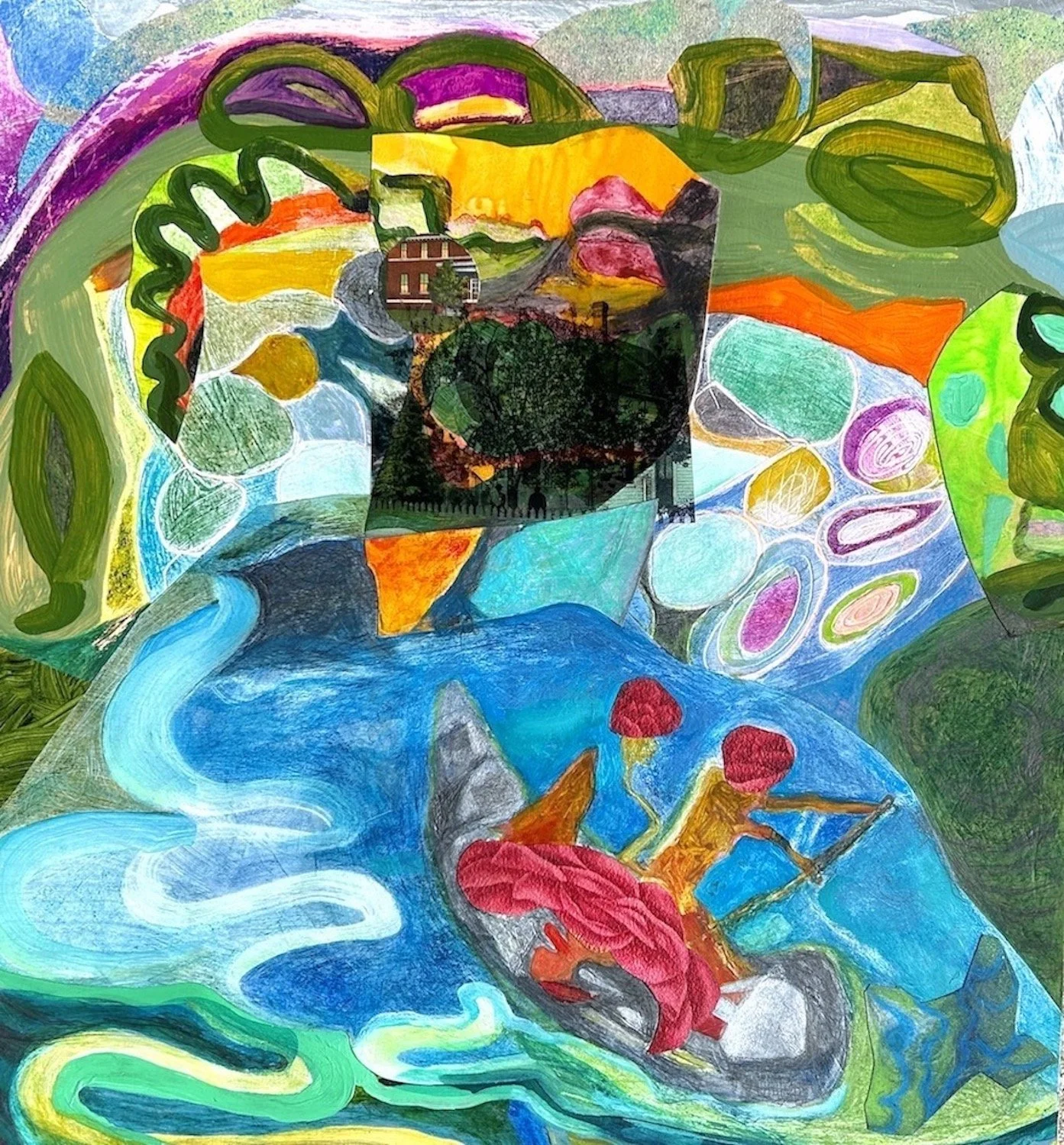 Ferry, 2024, acrylic, color pencil, graphite, transparency, paper on 4ply mat board, 15 x 14 in