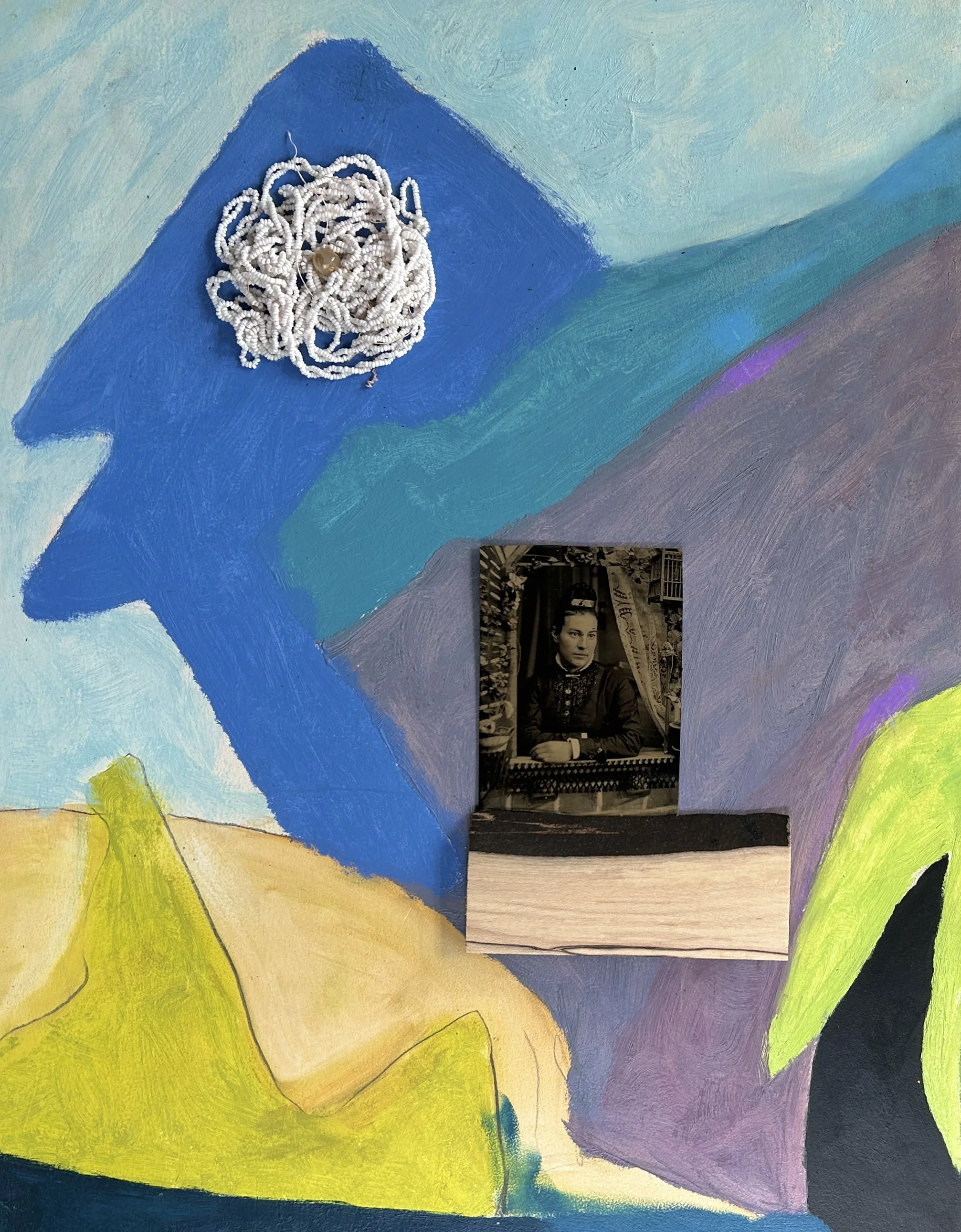 Denial, 2025, acrylic, pencil, tintype, beads, wood, paper, mounted on cradled panel, 14 x 11 x 1 in