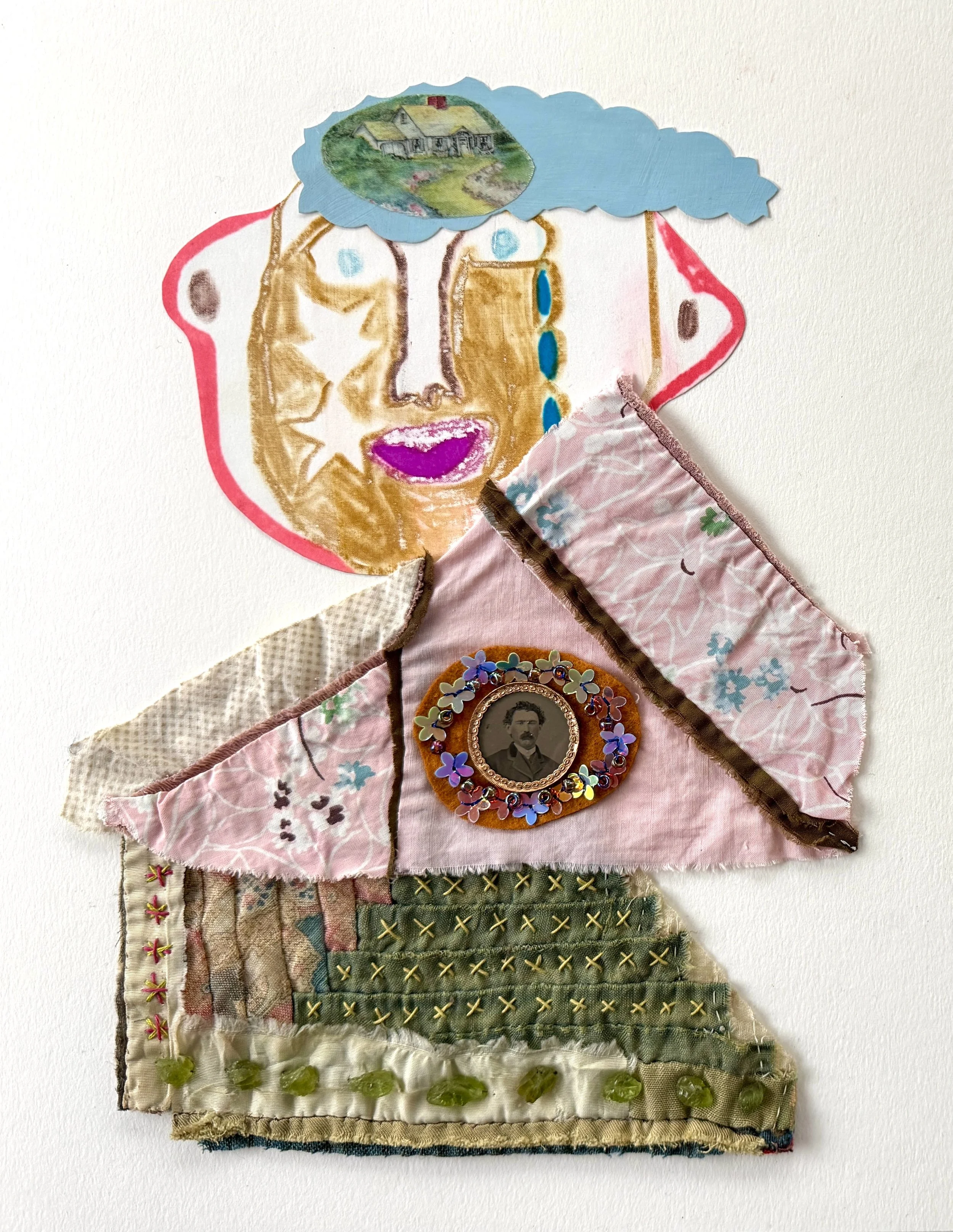 George!, 2026, acrylic, repurposed quilt, felt, tintype, pyrite, thread, sequins on 4ply mat board, 14 x 11 in