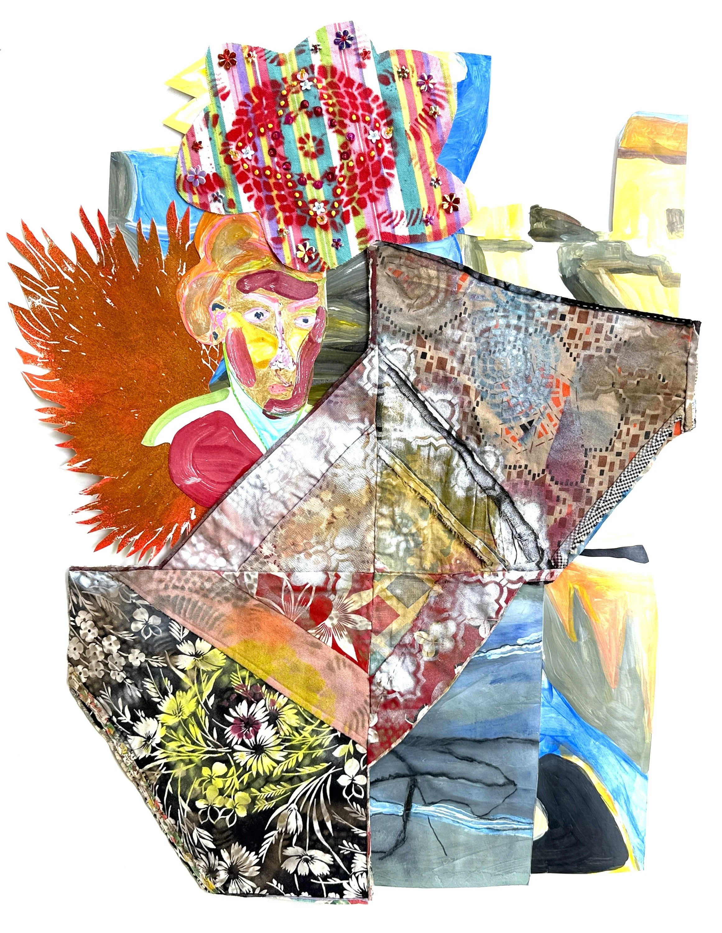 Trial, 2026, acrylic, spray paint, charcoal, repurposed quilt, fabric, beads, sequins, thread, 26 1/4 x 22 x 1/2 in