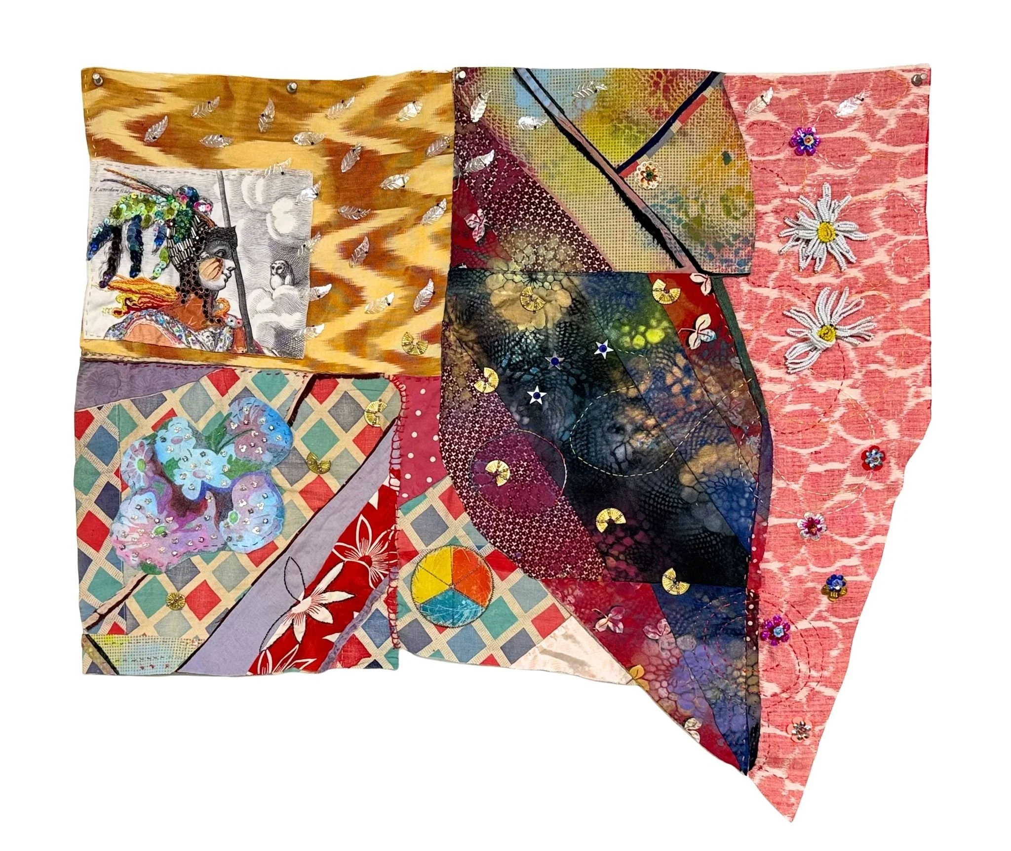 Athena, 2026, spray paint, pencil, repurposed quilts, fabric, thread, beads, metal, sequins, thrifted objects, 25 x 27 in