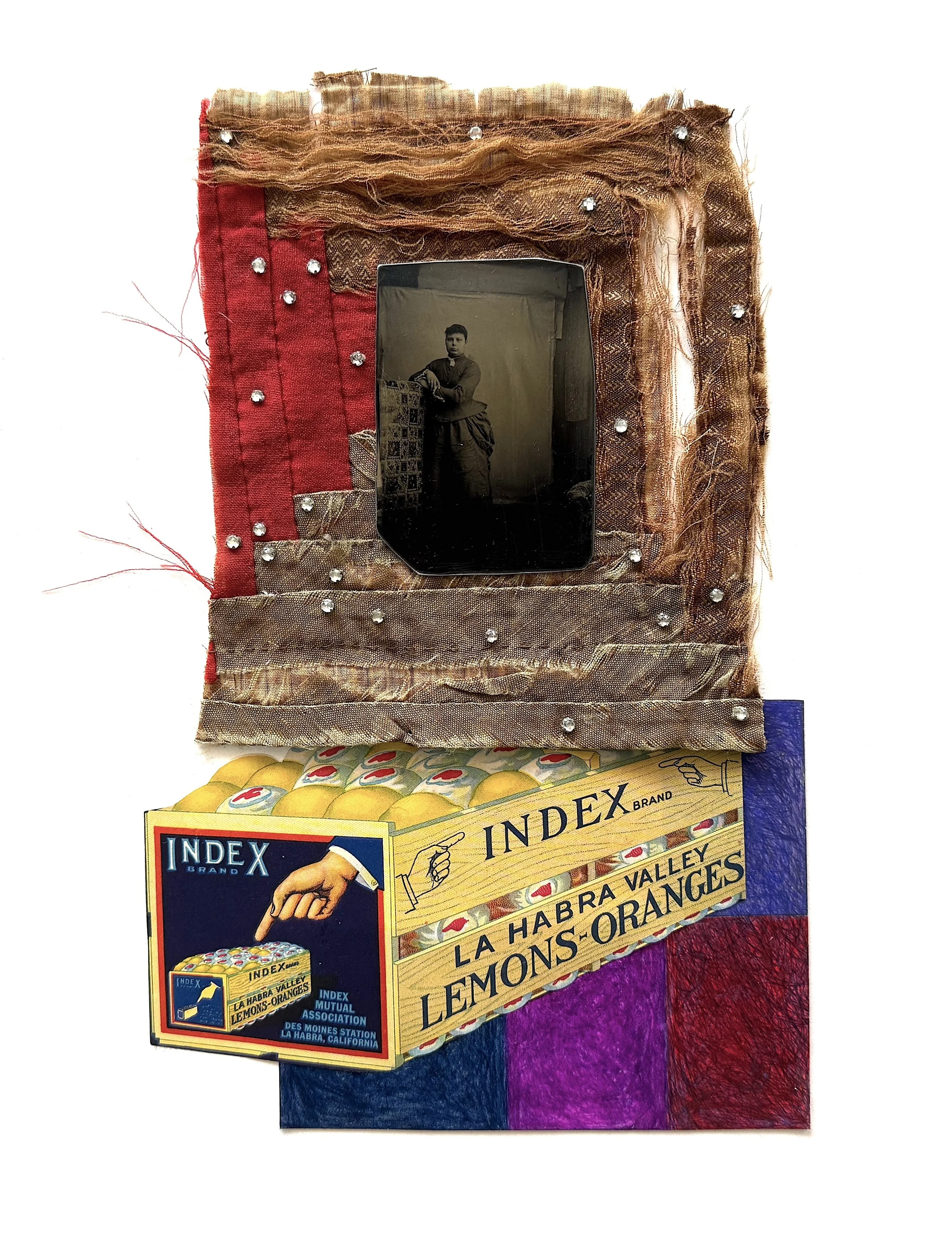 Index, 2025, pencil, pen, tintype, antique quilt, crystals, paper on 4ply mat board, 14 x 11 in