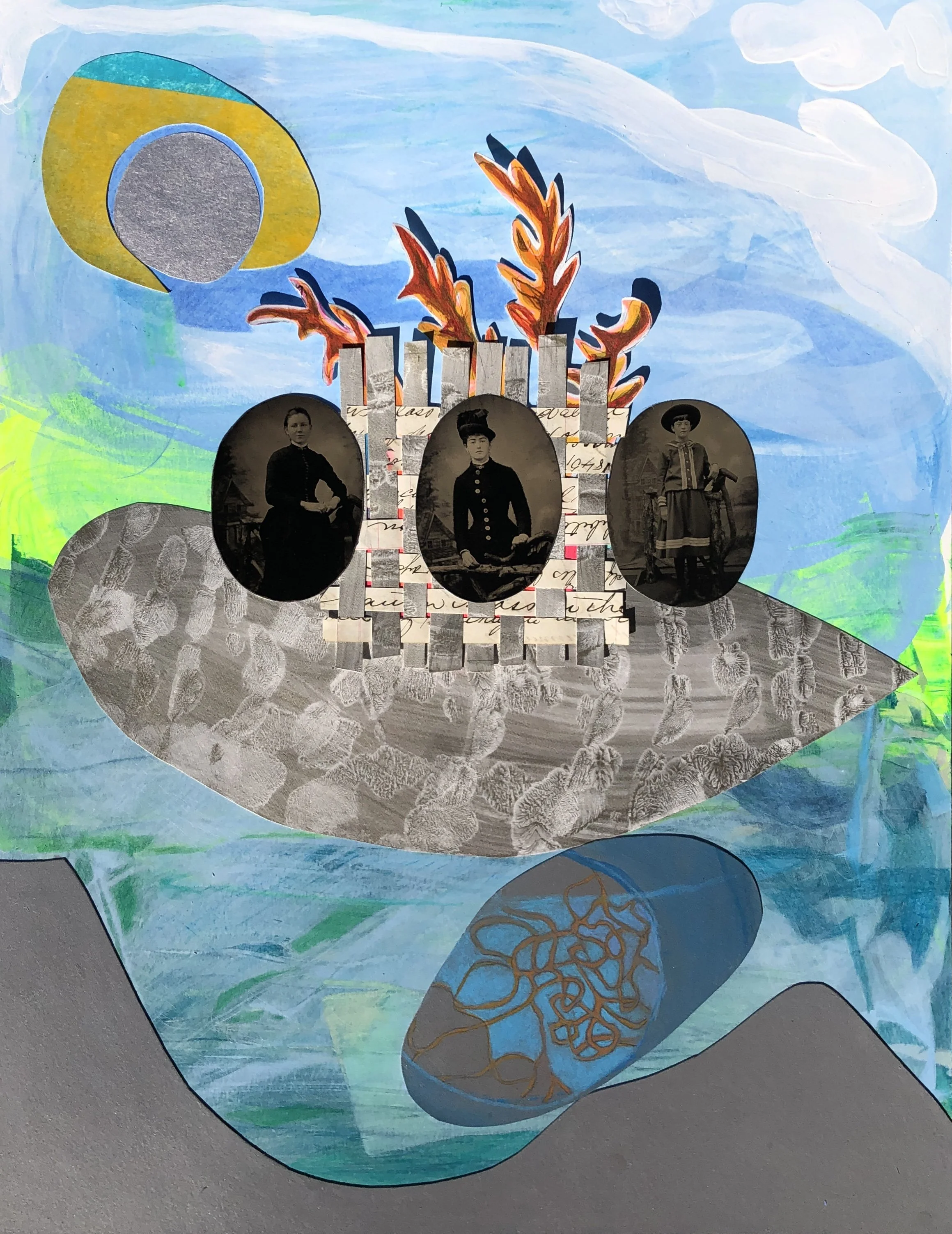 Burning Box, 2023, acrylic, tintypes, paper media on 4ply mat board, 18 x 14 in. Collection Cedar Rapids Museum of Art