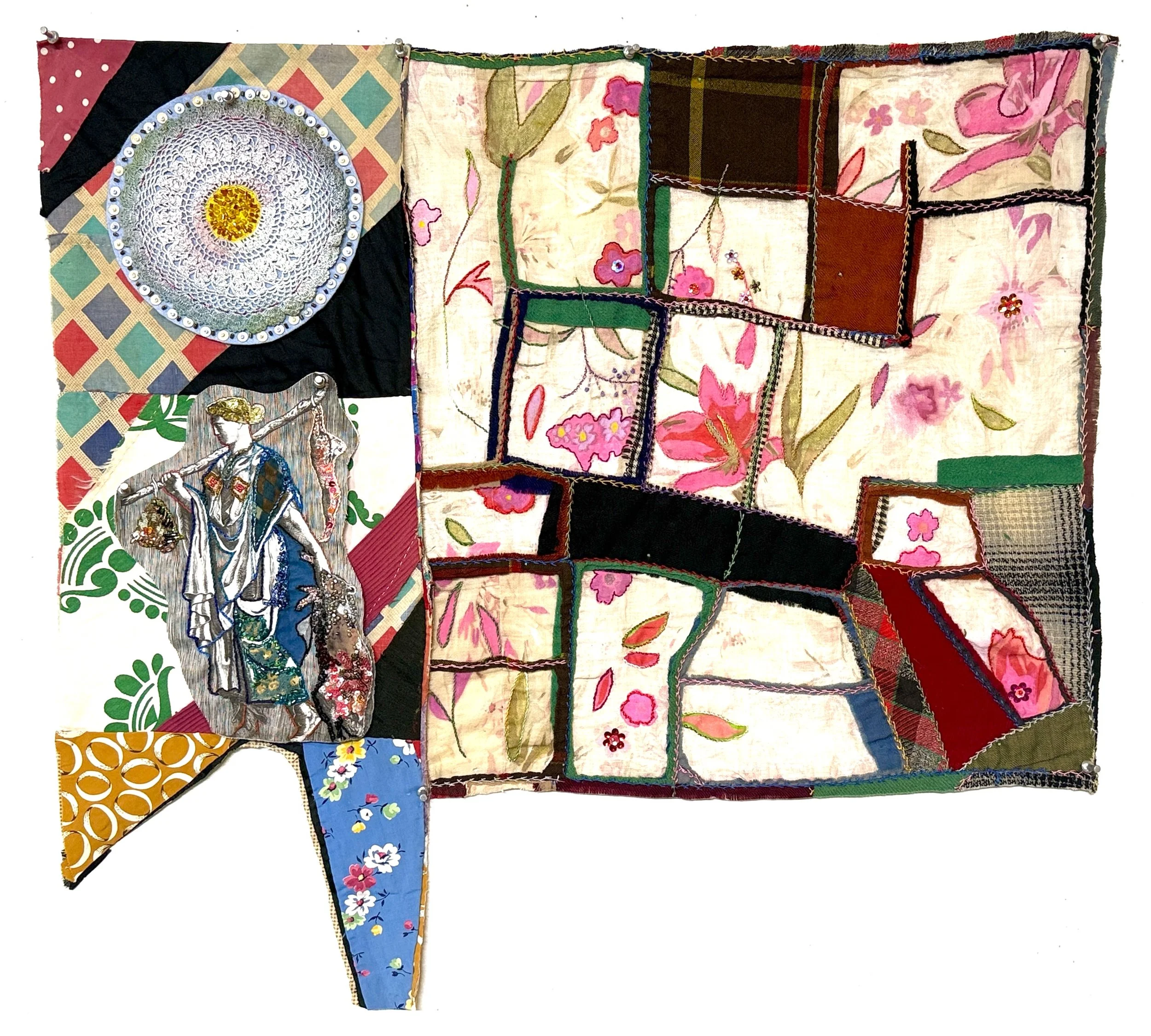 Artemis, 2026, acrylic, repurposed quilt, inkjet, fabric, thread, beads, sequins, 25 x 27 in