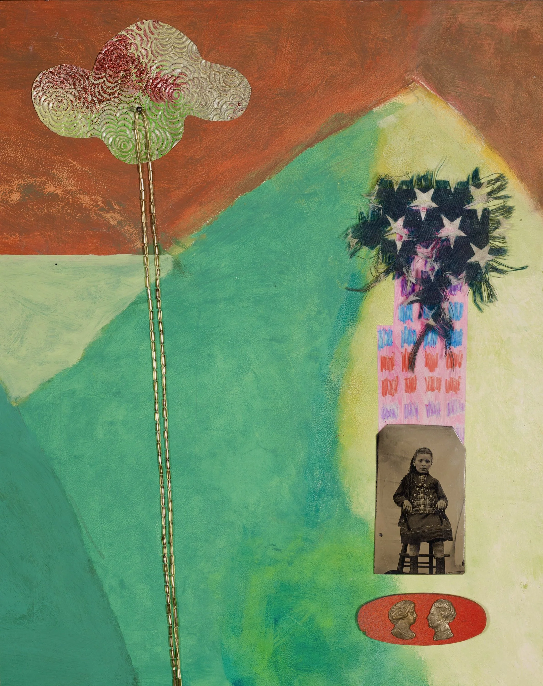 Dystopia, 2025, acrylic, pencil, glitter, tintype, textile, metal, beads, paper, mounted on cradled panel, 14 x 11 x 1 in