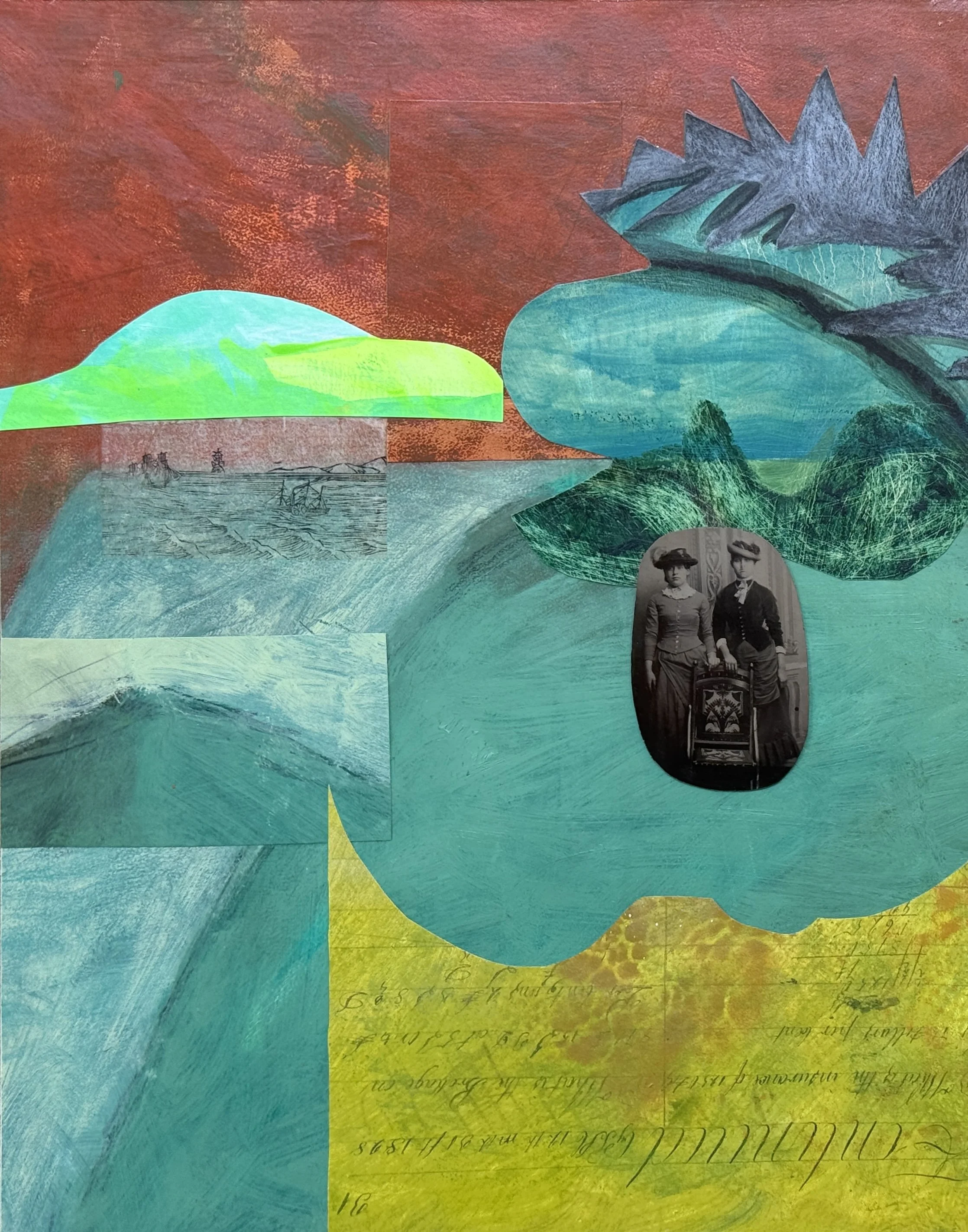 Travelers, 2025, acrylic, pencil, tintype, paper, mounted on cradled panel, 14 x 11 x 1 in