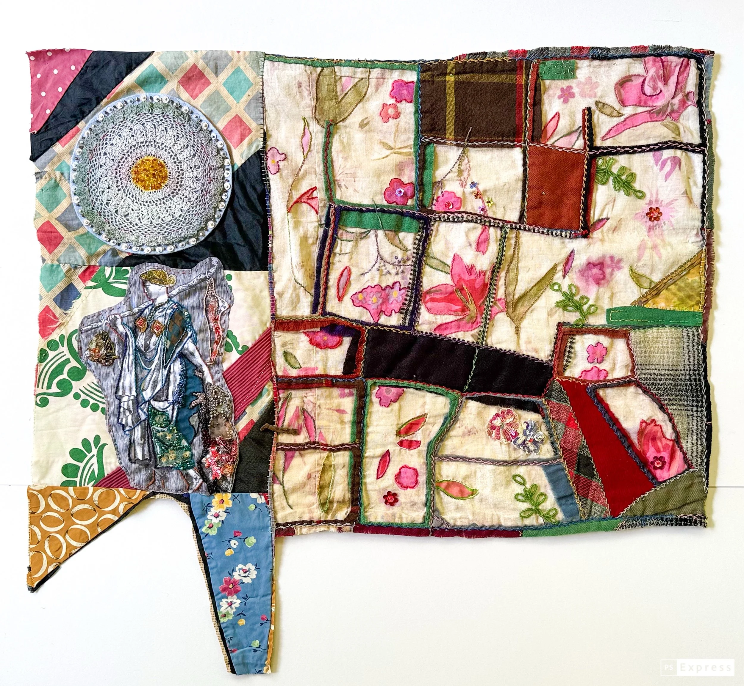Artemis, 2026, acrylic, repurposed quilts and doily, fabric, thread, beads, sequins, 25 x 27 in