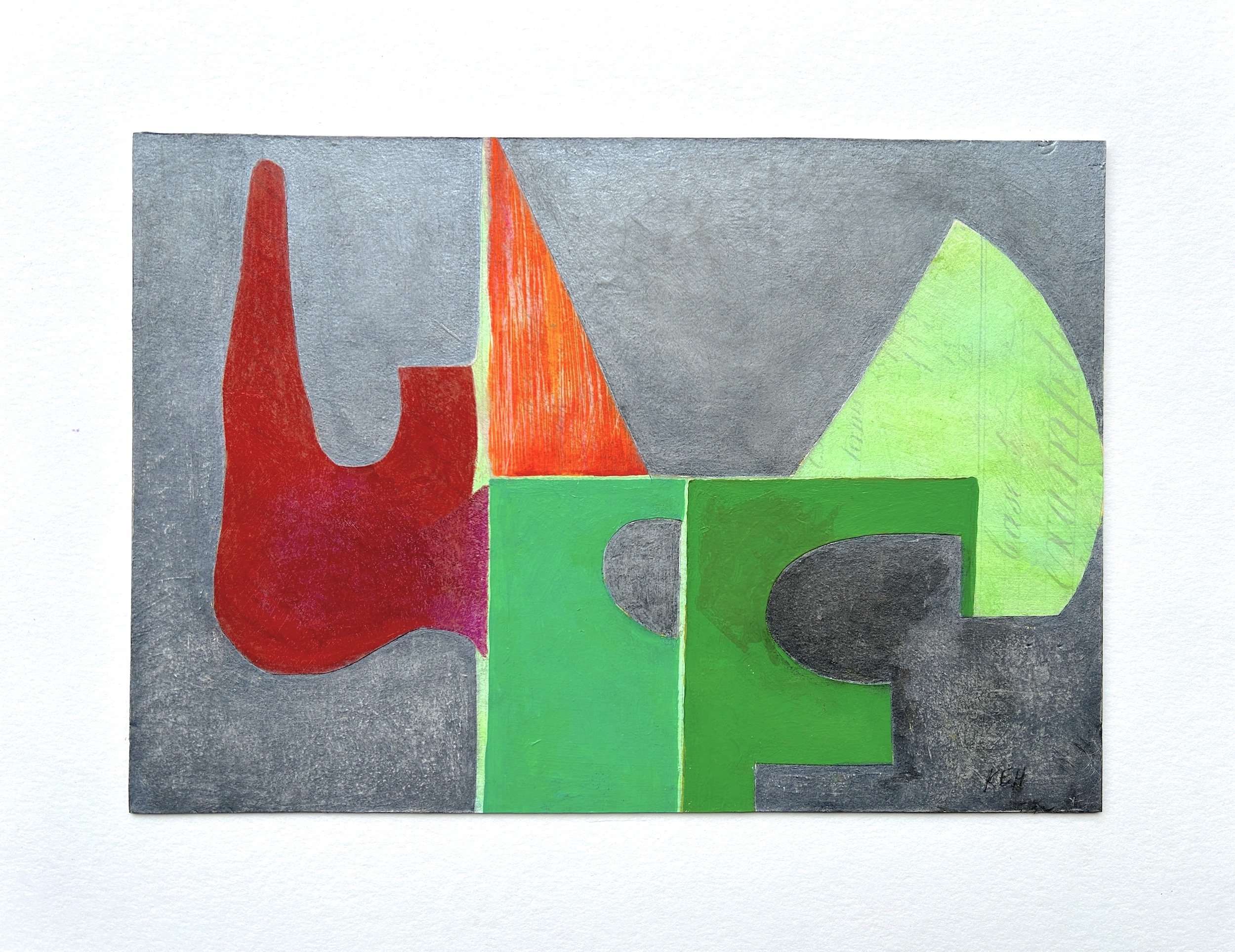 Plots, 2024, acrylic, color pencil, graphite, paper on 4ply mat board, 7 1/2 x 10 1/2 in