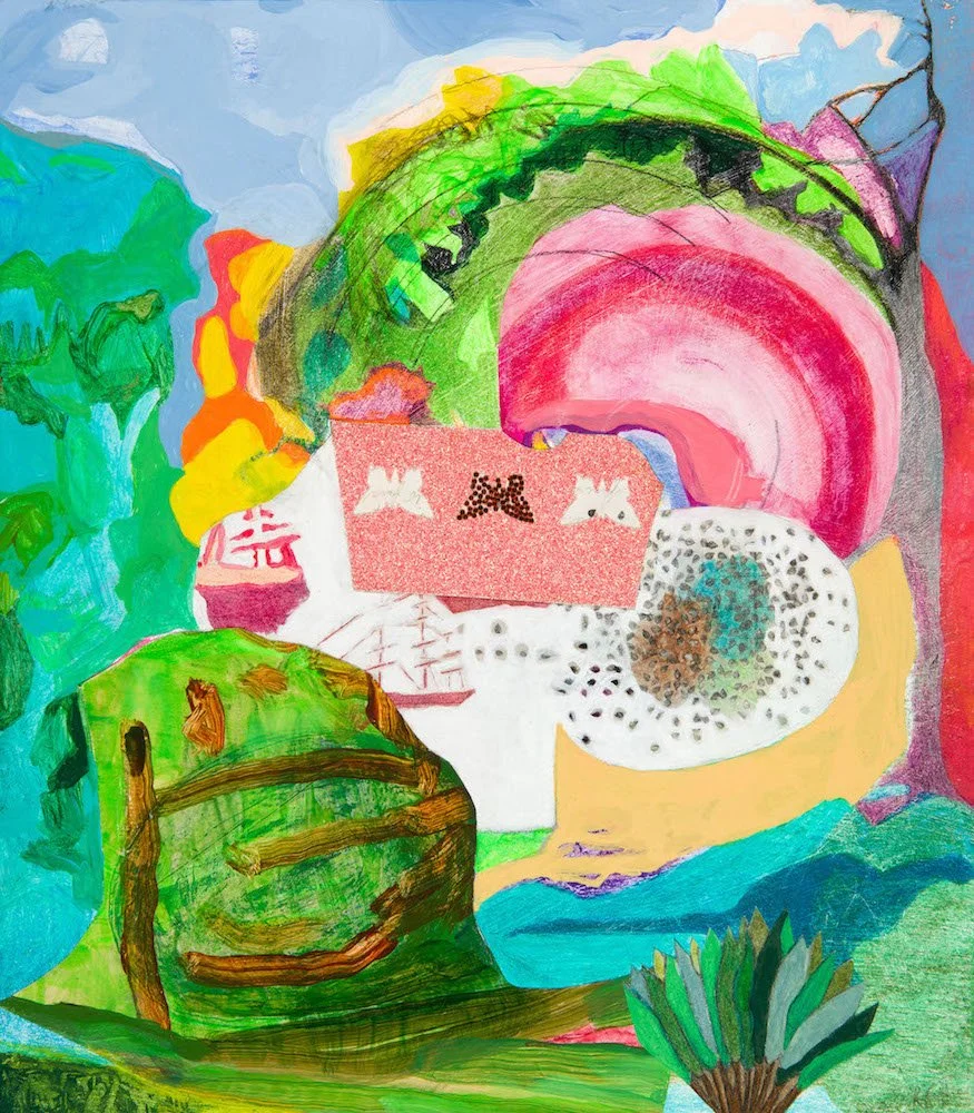 Ship, 2023, acrylic, color pencil, graphite, crystals, metal, paper on 4ply mat board, 12 x 11 in