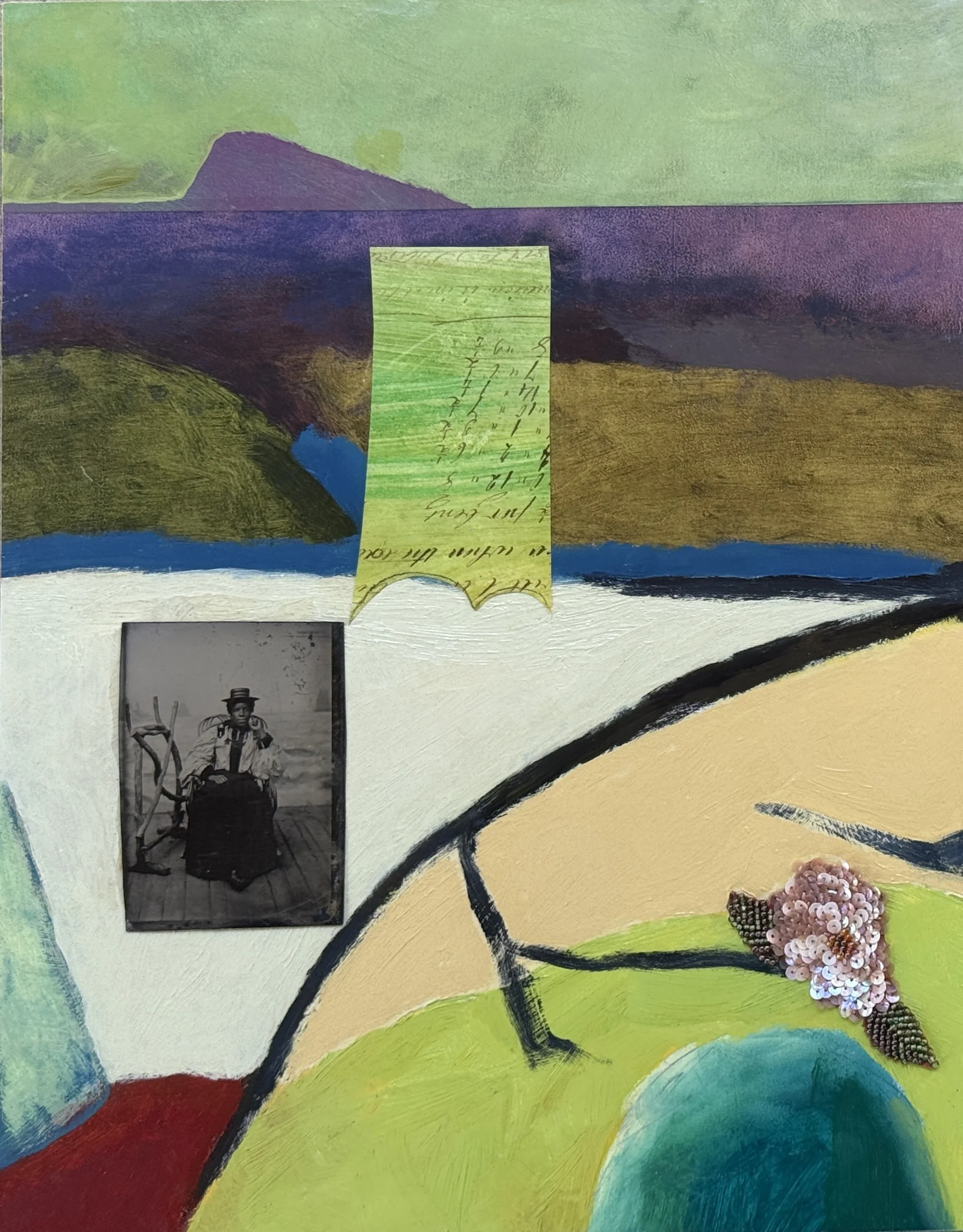 Teacher, 2025, acrylic, pencil, tintype, sequins, paper, mounted on cradled panel, 14 x 11 x 1 in