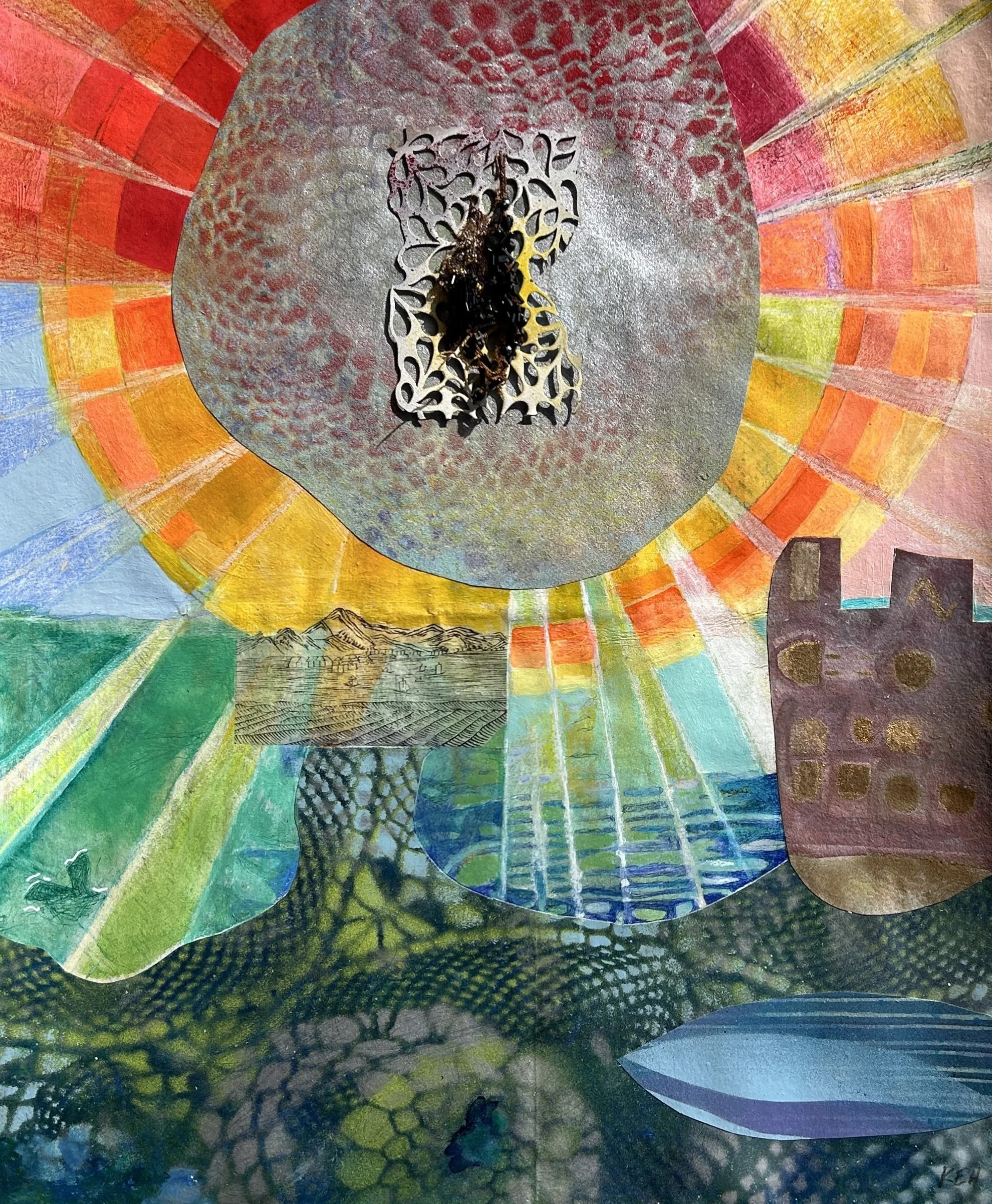 The Past and the Future, 2025, acrylic, spray paint, pencil, metal, beads, paper, on paper, 14 1/2 x 11 3/4 in