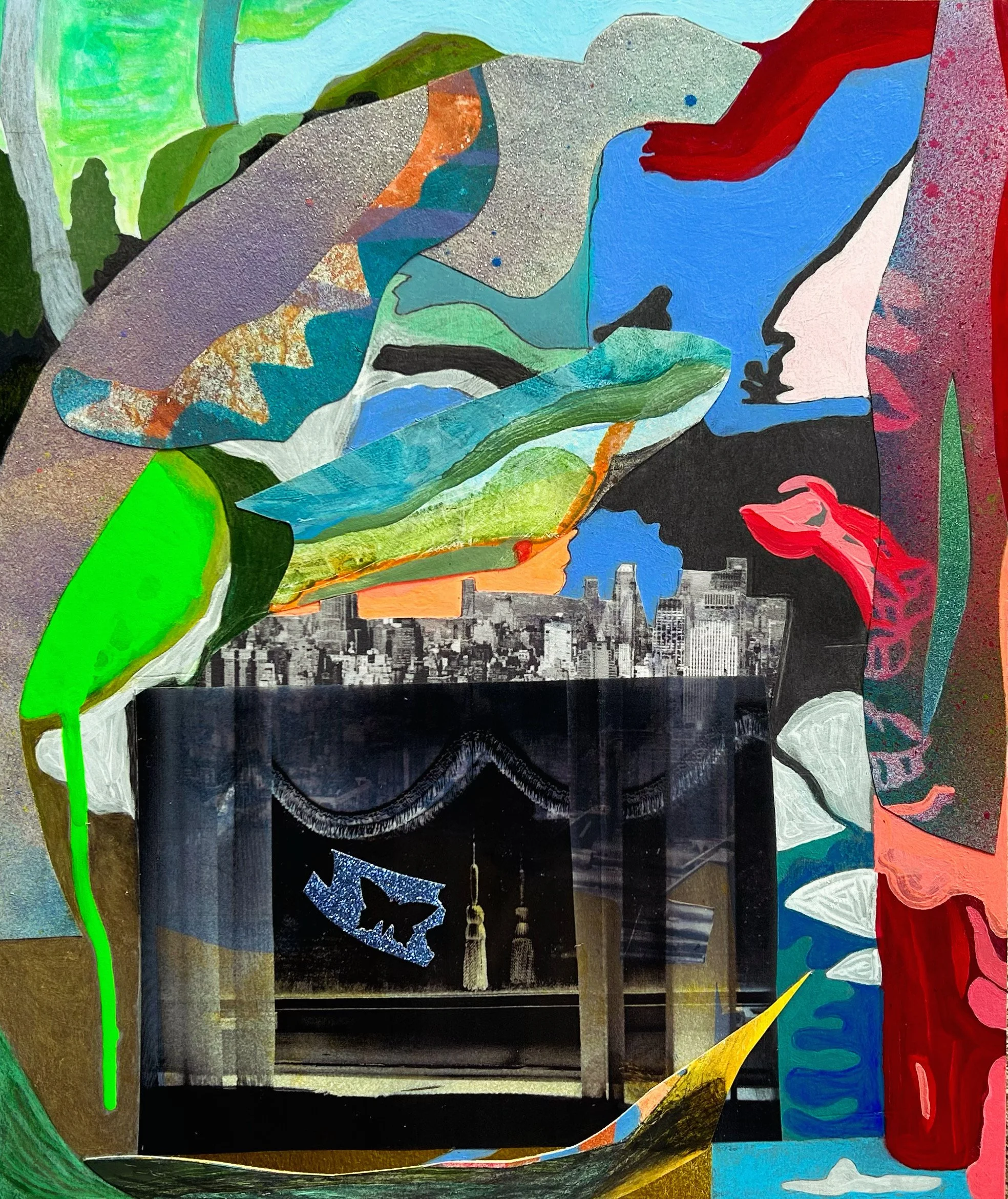 Hotel Window, 2023, acrylic, spray paint, color pencil, graphite, transparency, plastic, paper on 4ply mat board, 12 x 11 in