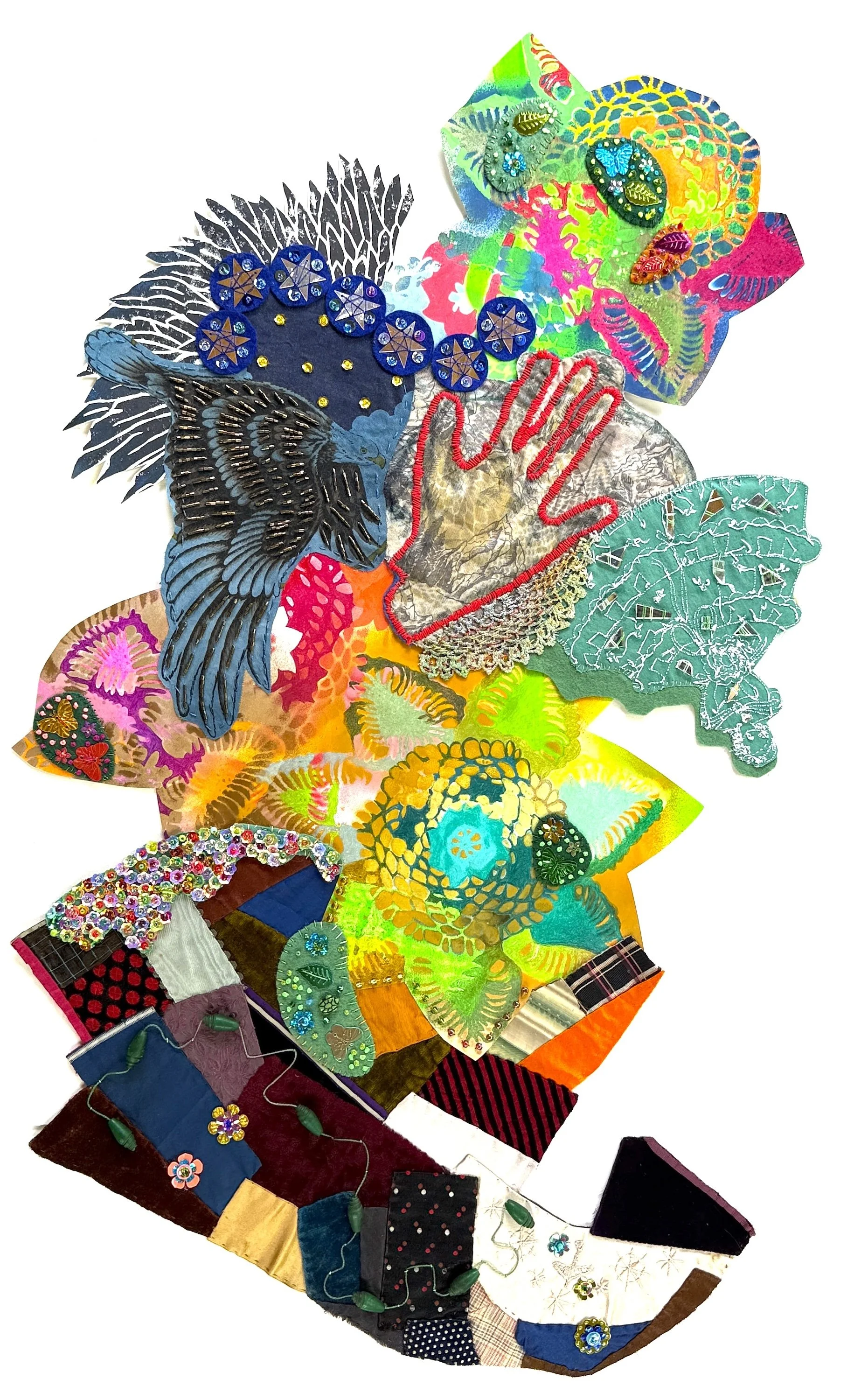Stop, 2026, acrylic, repurposed quilt, fabric, beads, sequins, thread, paper, 31 1/2 x 21 1/2 x 1/2 in