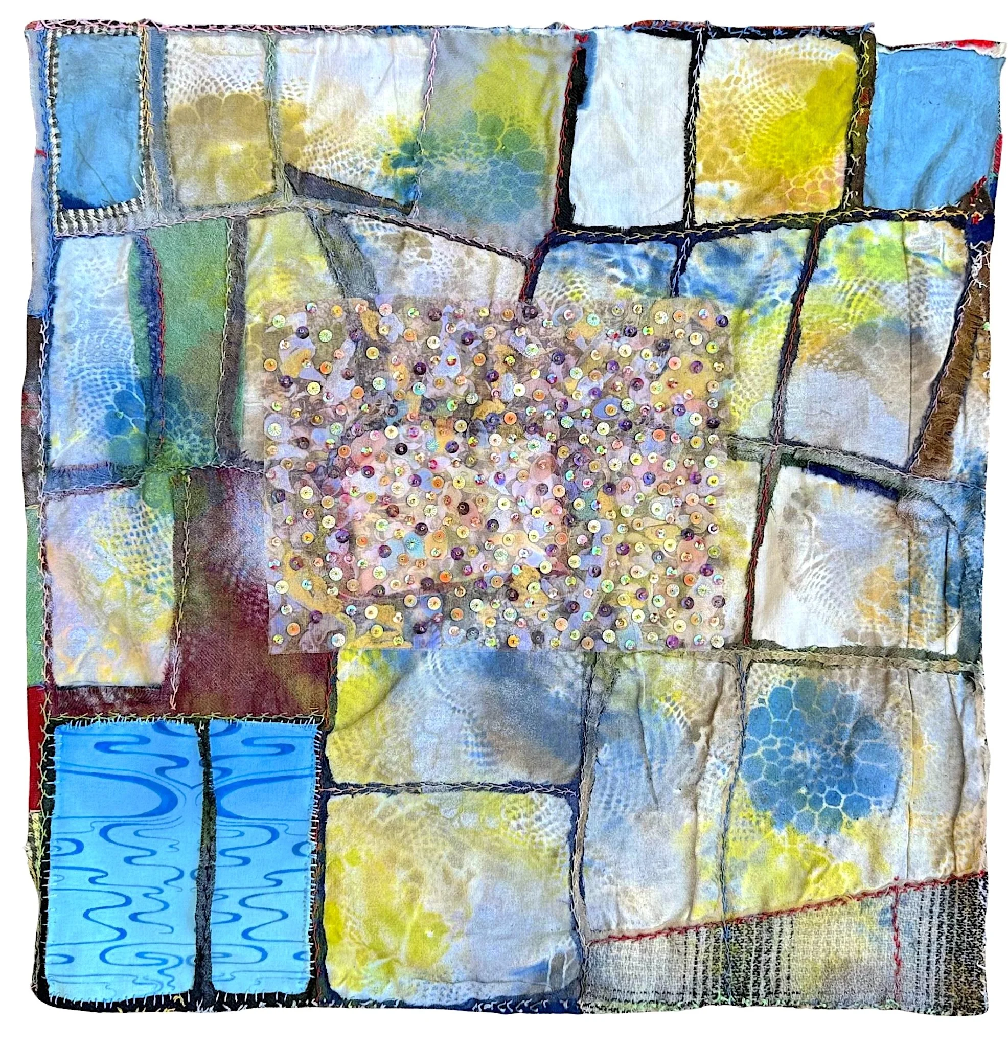 Beach Summers, 2026, repurposed quilt, fabric, spray paint, inkjet, thread, beads, sequins, 18 x 18 in