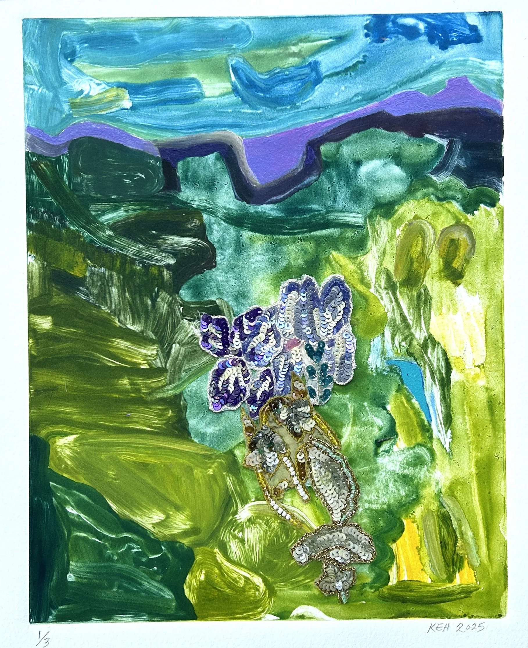 Untitled, 2025,  monoprint with embellishments, 10 x 8 image on 13 x 11 in Arches paper. Printed at Iowa City Press Co-op. Private collection.