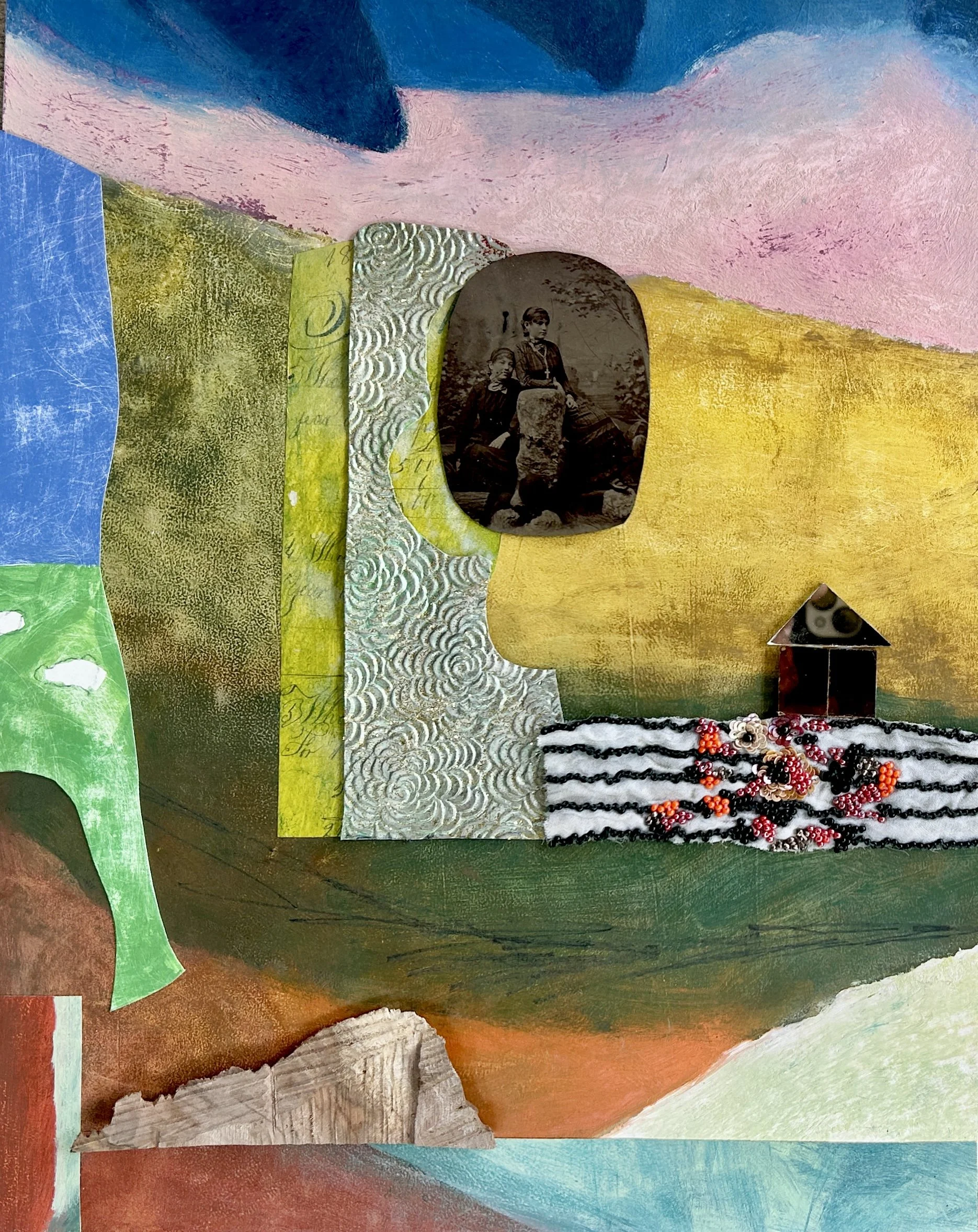 Survivors, 2025, acrylic, pencil, tintype, textile, wood, glass, paper, mounted on cradled panel, 14 x 11 x 1 in