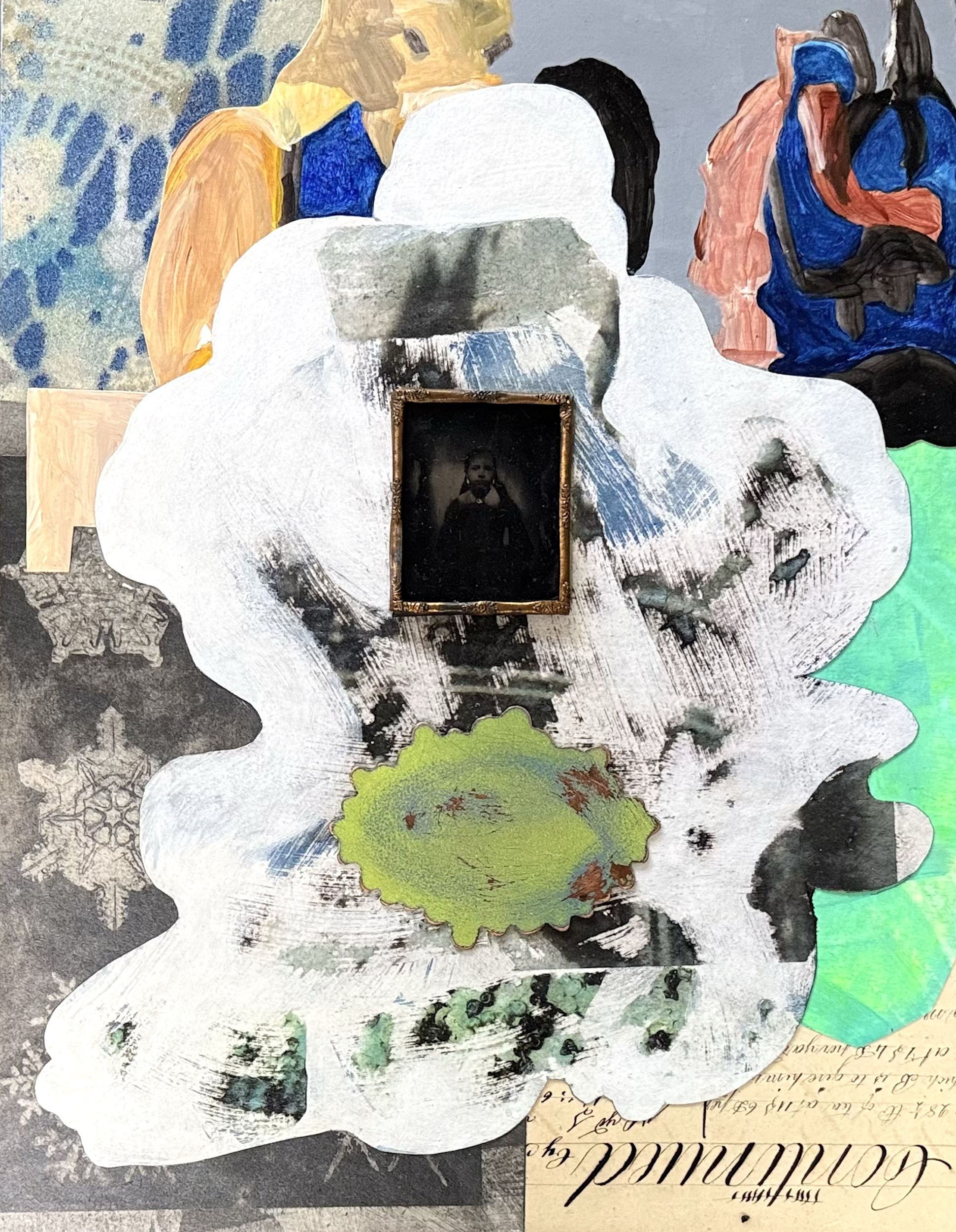 Continued, 2-25, acrylic, spray paint, tintype, copper, paper on cradled panel,  14 x 11 in
