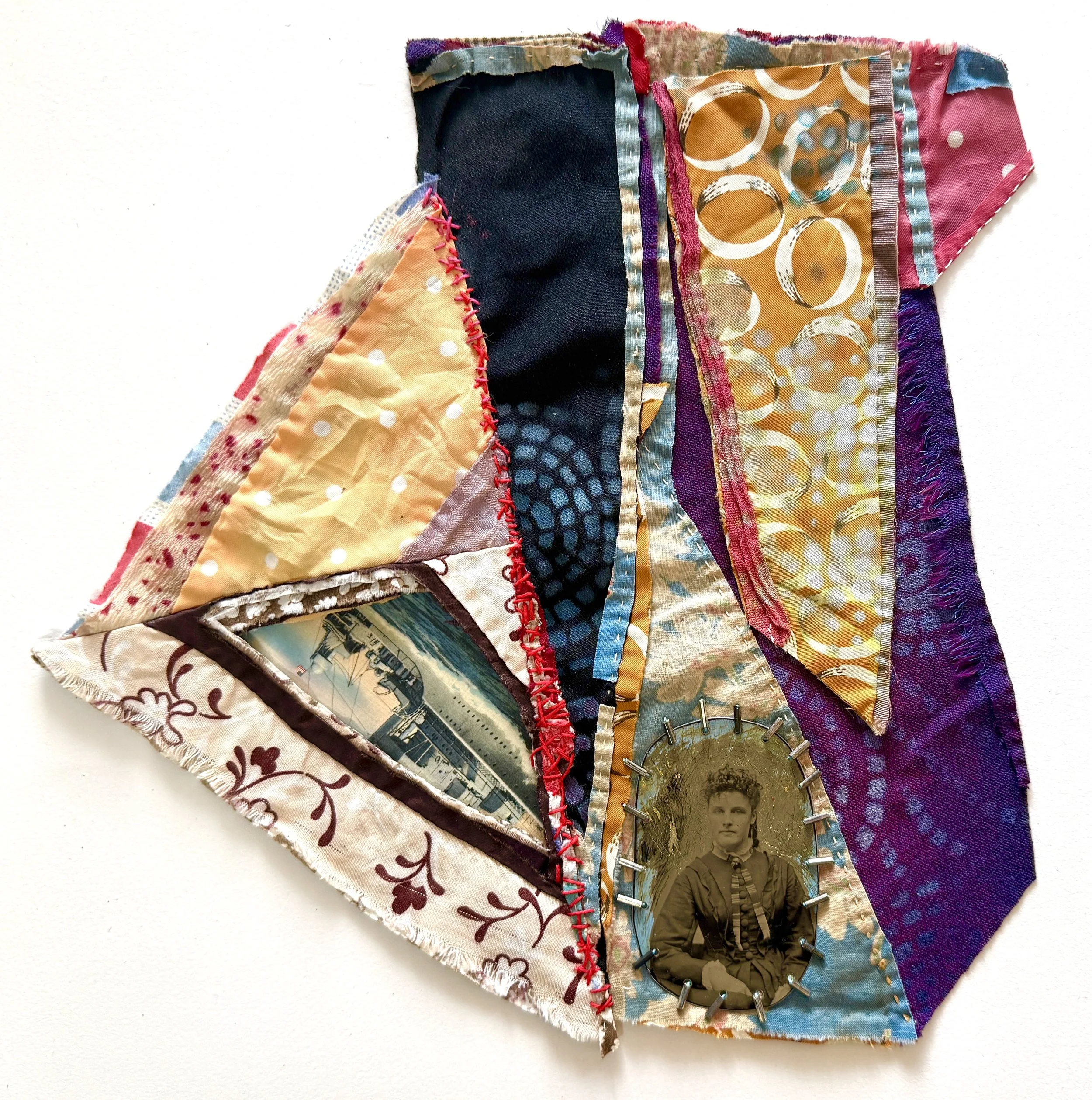 Chasm, 2026, repurposed quilt, spray paint, tintype, beads, paper on paper, 16 x 15 in